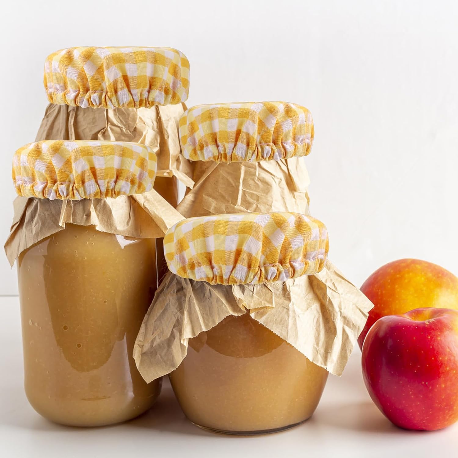 4pcs Cloth Covers for Sourdough Starter Jar, Plaid Cotton Cheese Bread Fermentation Covers, Elastic Unbleached Reusable Lid Cover for 3-4 Inch Jar Mouth (Yellow)