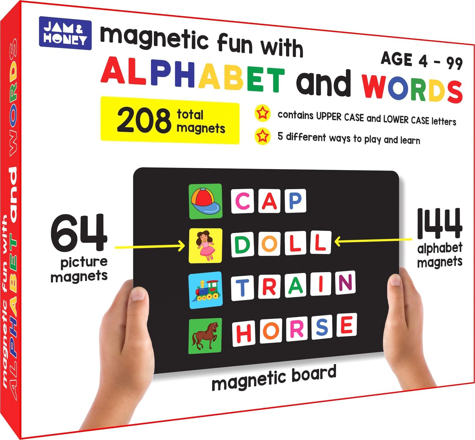 Amazon Brand - Jam & Honey Magnetic Alphabet and Word Game | 64 Picture Magnets, 144 Letter Magnets, Magnetic Board and Spelling Guide | Educational Toy for Kids
