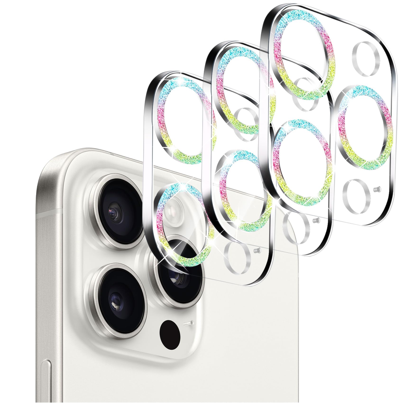 【3 Pack】Dengduoduo Tempered Glass Camera Lens Protector for iPhone 15 Pro 6.1" & for iPhone 15 Pro Max 6.7", Bling Glitter Ultra HD, 9H Hardness, Anti-Scratch, Case Friendly [No Affect on Night Shots]