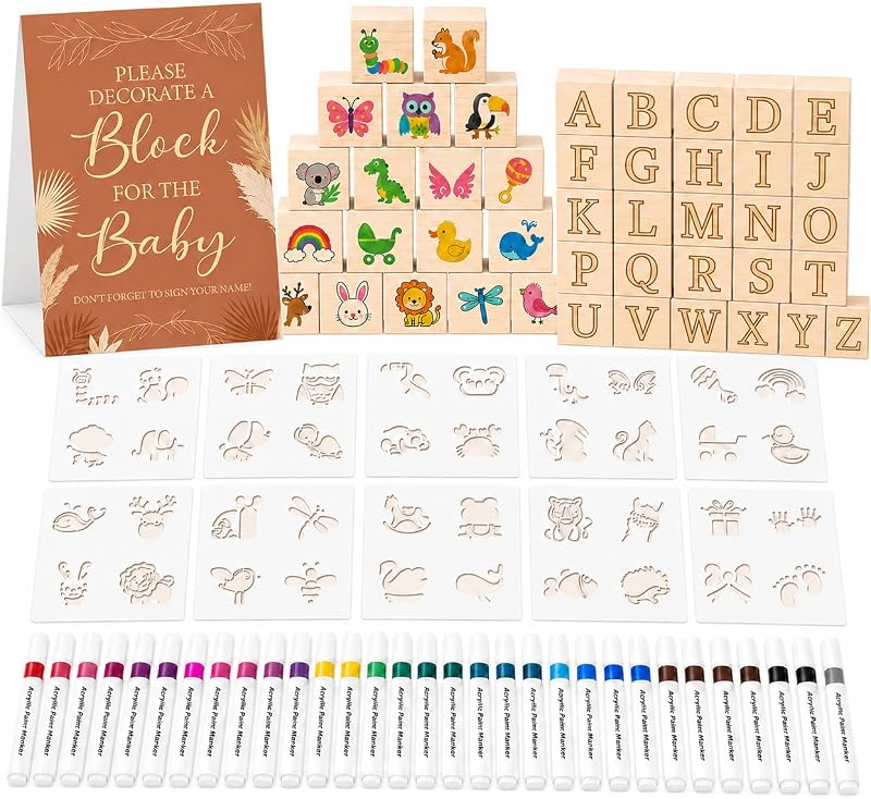 117 Pcs Baby Shower Blocks to Decorate Game Kit, 52 Wooden Baby Blocks for Baby Shower Games, 24 Acrylic Markers, 10 Stencils, Game Sign, DIY Baby Shower Activity & Gender Reveal Decor, Kraft Boho