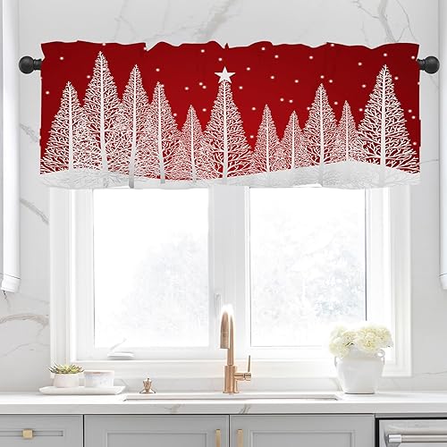 Cortinas de Navidad de invierno para ventanas de cocina, 54 x 18 pulgadas, diseño de copo de nieve de árbol rojo, cenefa decorativa con bolsillo disponible en Yaxa Colombia