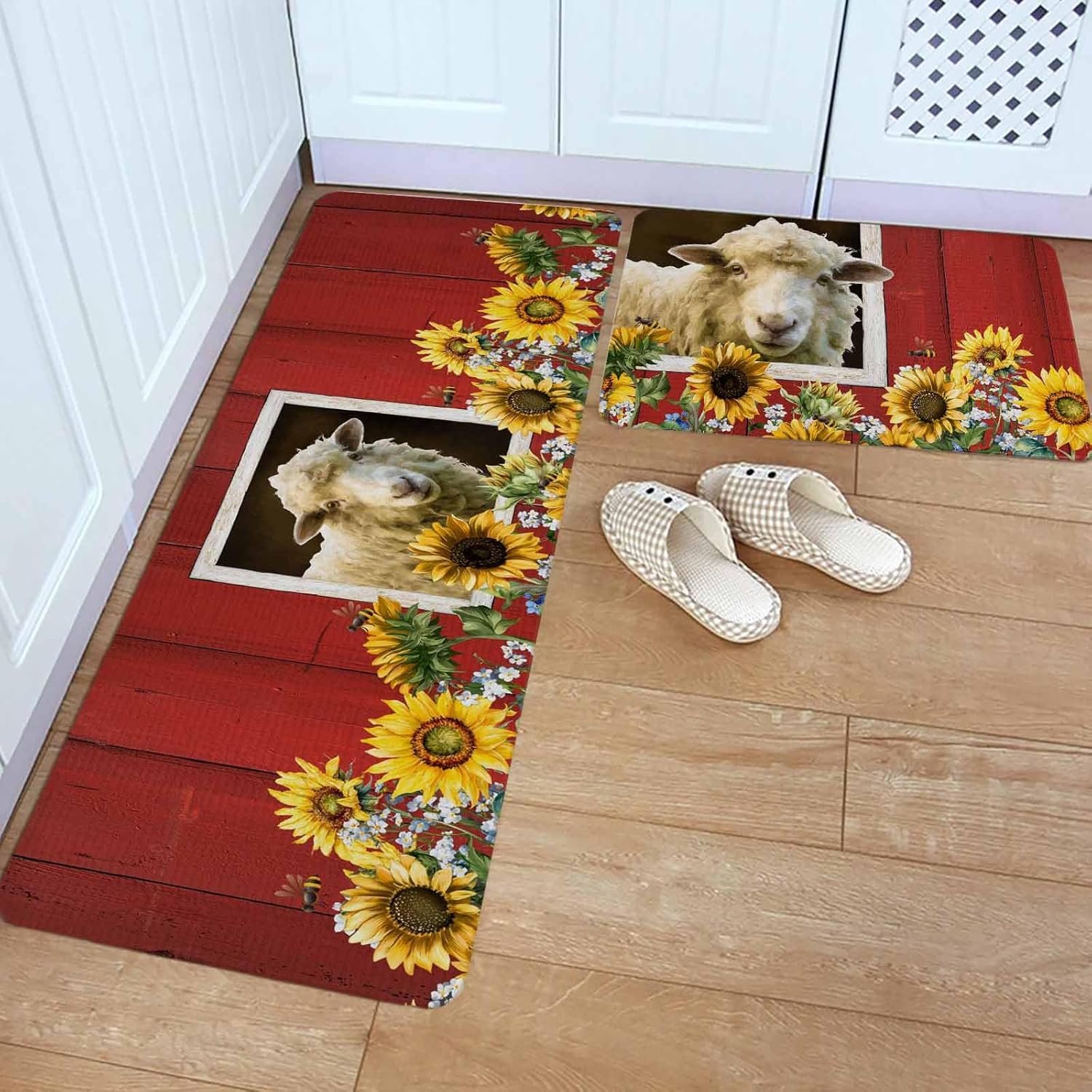 Sheep Flowers Kitchen Rugs and Mats Set of 2, Non-Slip Kitchen Sink Mat, Country Red Barn Botanical Sunflowers Washable Doormat Bathroom Rugs Runner for Bedroom/Living Room 19.7"x23.6"+19.7"x47.2"