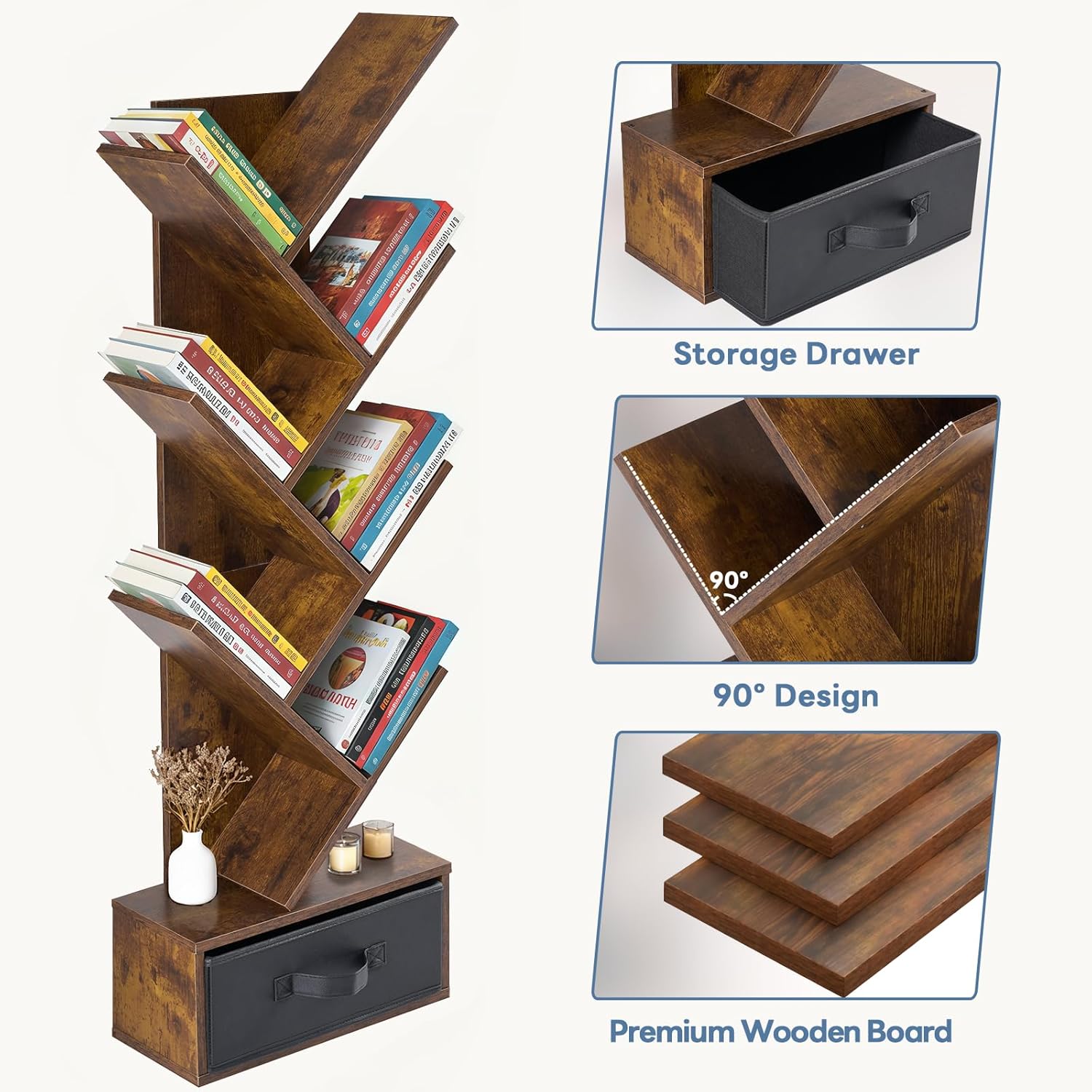 DUMOS Tree Bookshelf, Rustic Brown 7-Tier Bookcase with Drawer - Narrow Slim Corner Bookshelf for Small Spaces, Geometric Wooden Book Rack for Living Room, Bedroom, Home Office