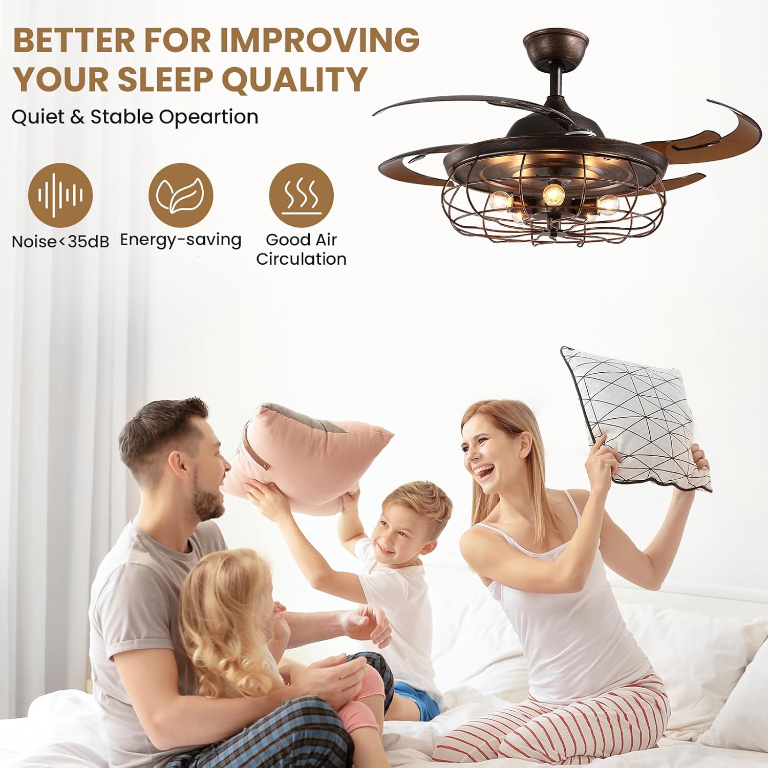 Siljoy Retractable Ceiling Fan with Light Industrial Rust Caged Ceiling Fan with Lights and Remote Farmhouse 6 Speeds Reversible Fandelier for Living Room Bedroom Patio 48 Inches, 5 Lights