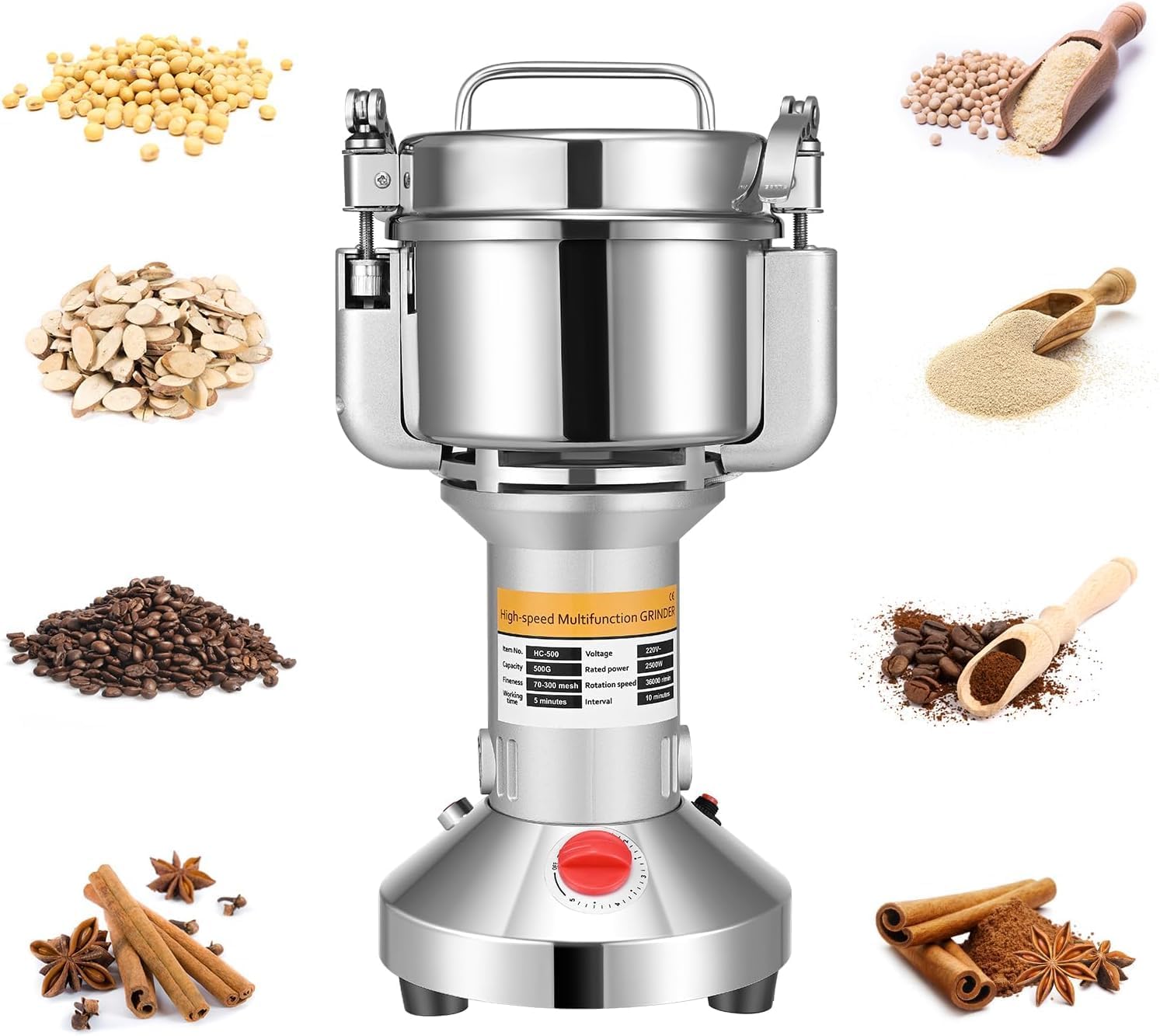 Sunowl Portable Grain Grinder Electric High Speed 220V 3 Blades Timing Overload Protection for Household Herbs/Spices/Nuts/Grains