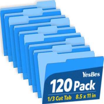 120 Pack File Folders 8.5 x 11 Inch, 1/3 Cut Tab File Folders Letter Size, School Business Office Filing Folder for Document, Blue
