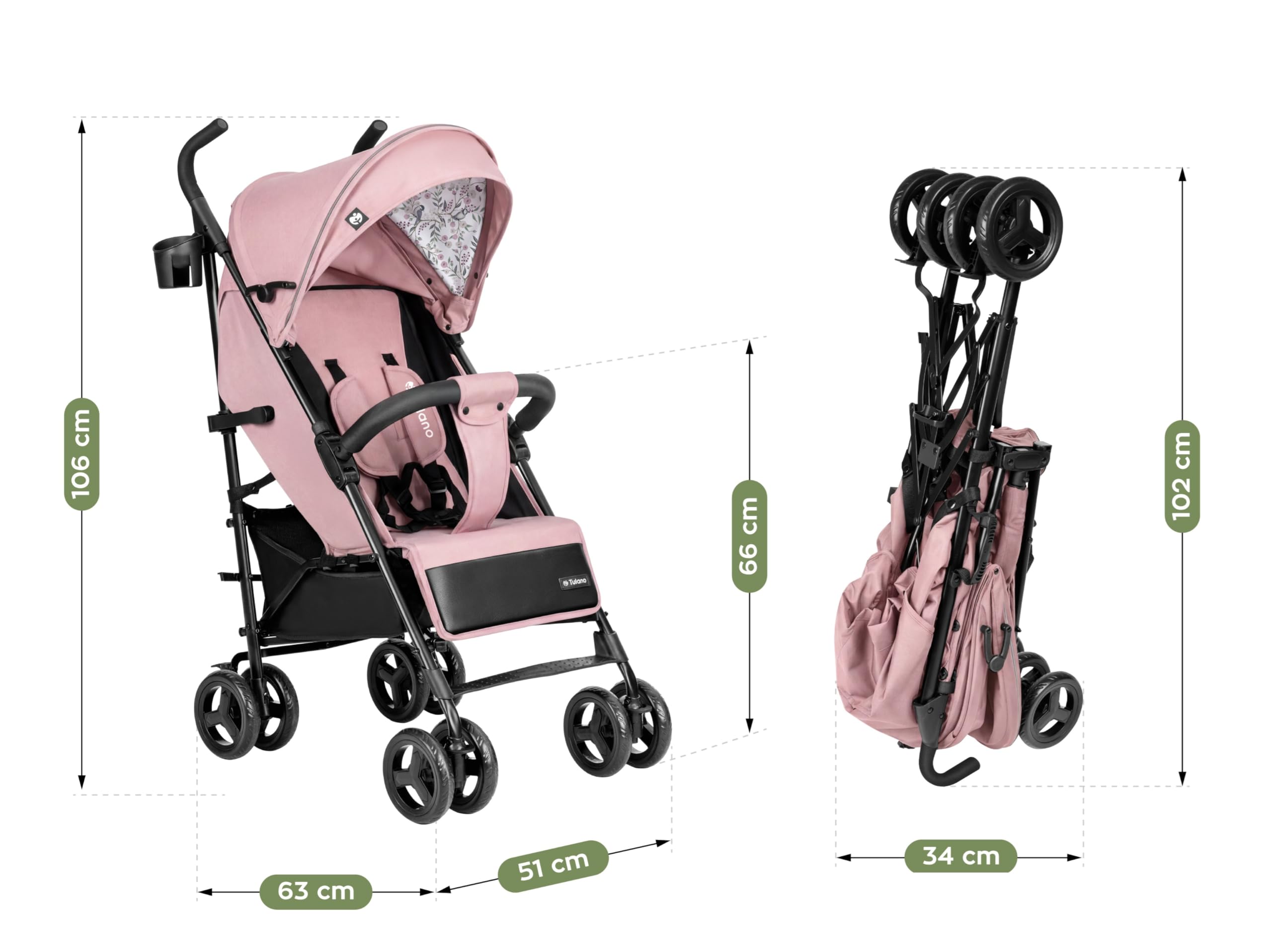 TULANO Davos 35 Poussette Canne Légère et Pliable – Poussette Citadine jusqu'à 22 kg (4 ans) – Dossier Inclinable avec Canopy XXL et Chancelière – Tissu Imperméable – Rose