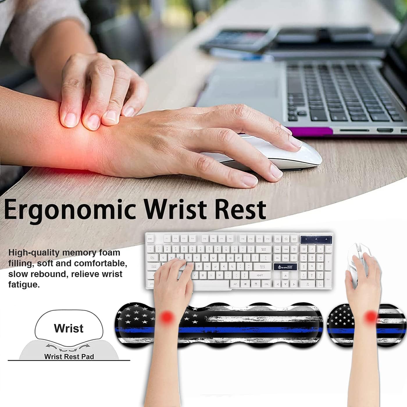 Large Gaming Mouse Pad with Stitched Edges, Extended XXL Mousepad, Office Desk Pad Writing Pad, 31.5 x 11.8 in,Ergonomic Memory Foam Keyboard Wrist Rest Support,Retro Blue Line American Flag Desk Mat