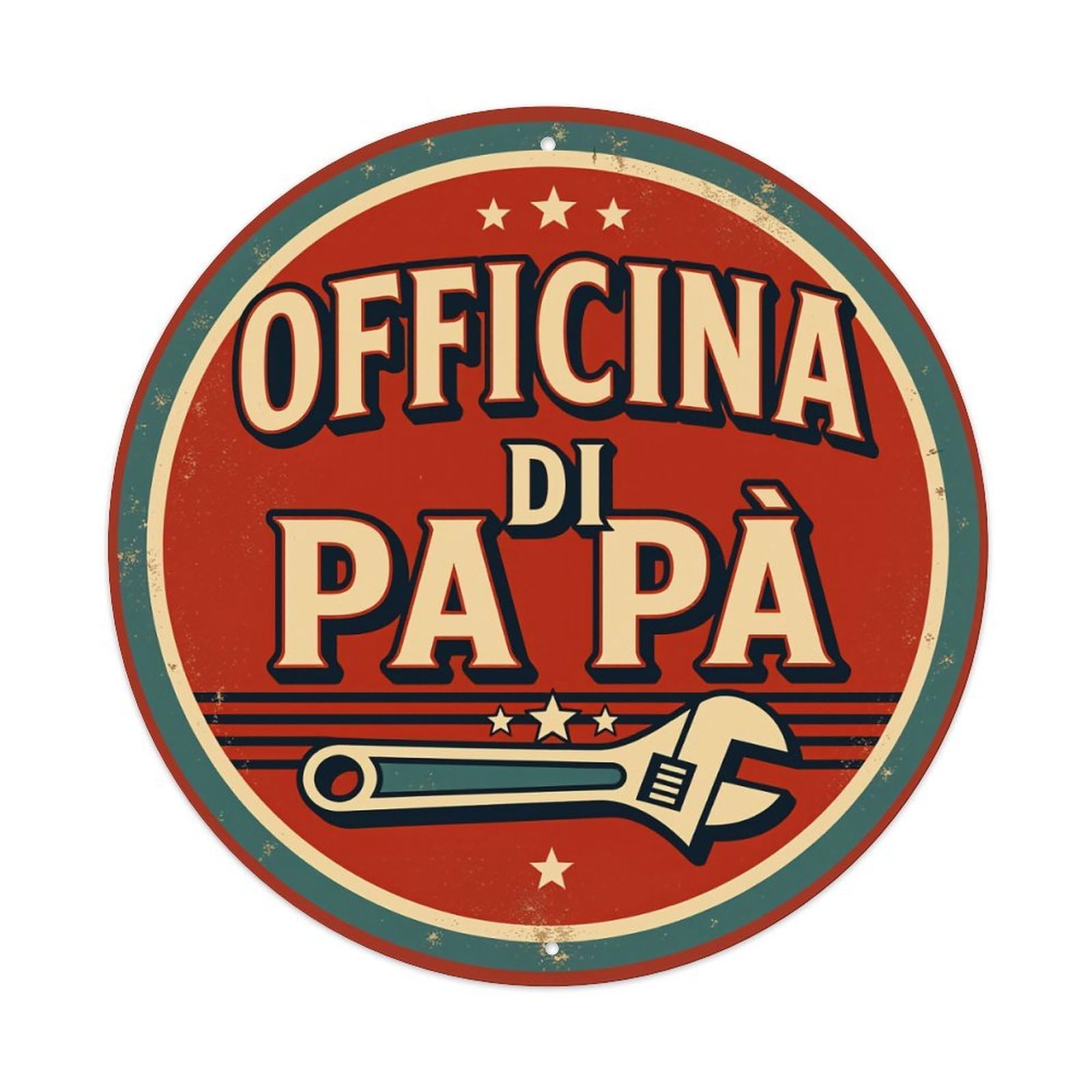 Officina Pa Pa Wrench Stars Circle Round Tin Sign Vintage Metal Poster, Home Bar Garage Man Cave Cafe Indoor & Outdoor Wall Decoration 8x8Inches