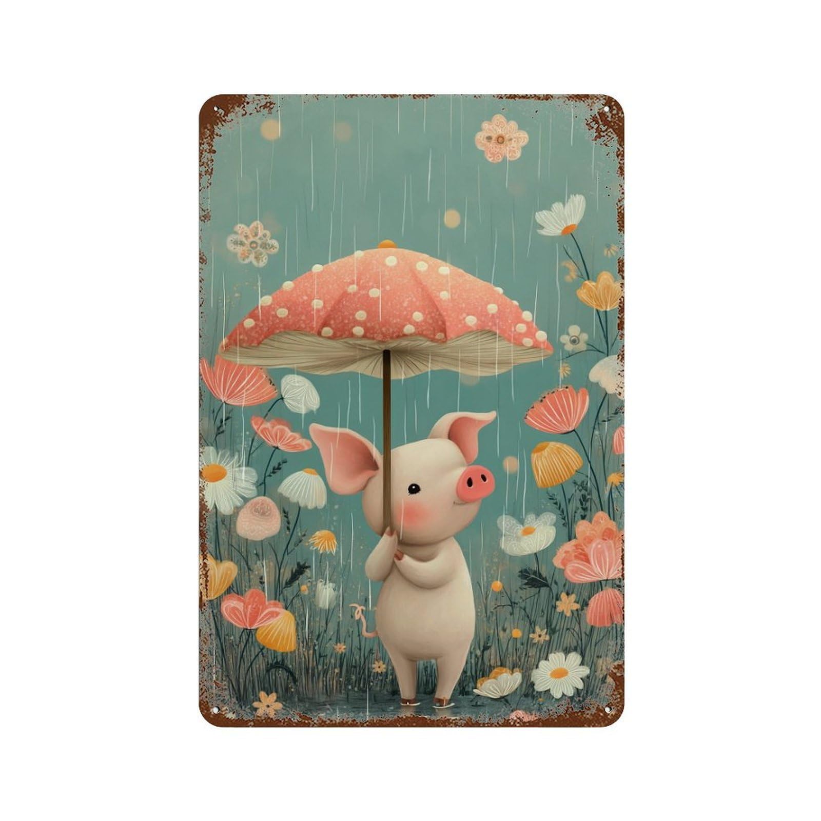 Rainy Day Piggy with Umbrella 11.8"x7.9" Vintage Metal Tin Sign, Industrial Home Decor for Farmhouse, Kitchen And Entryway Decor