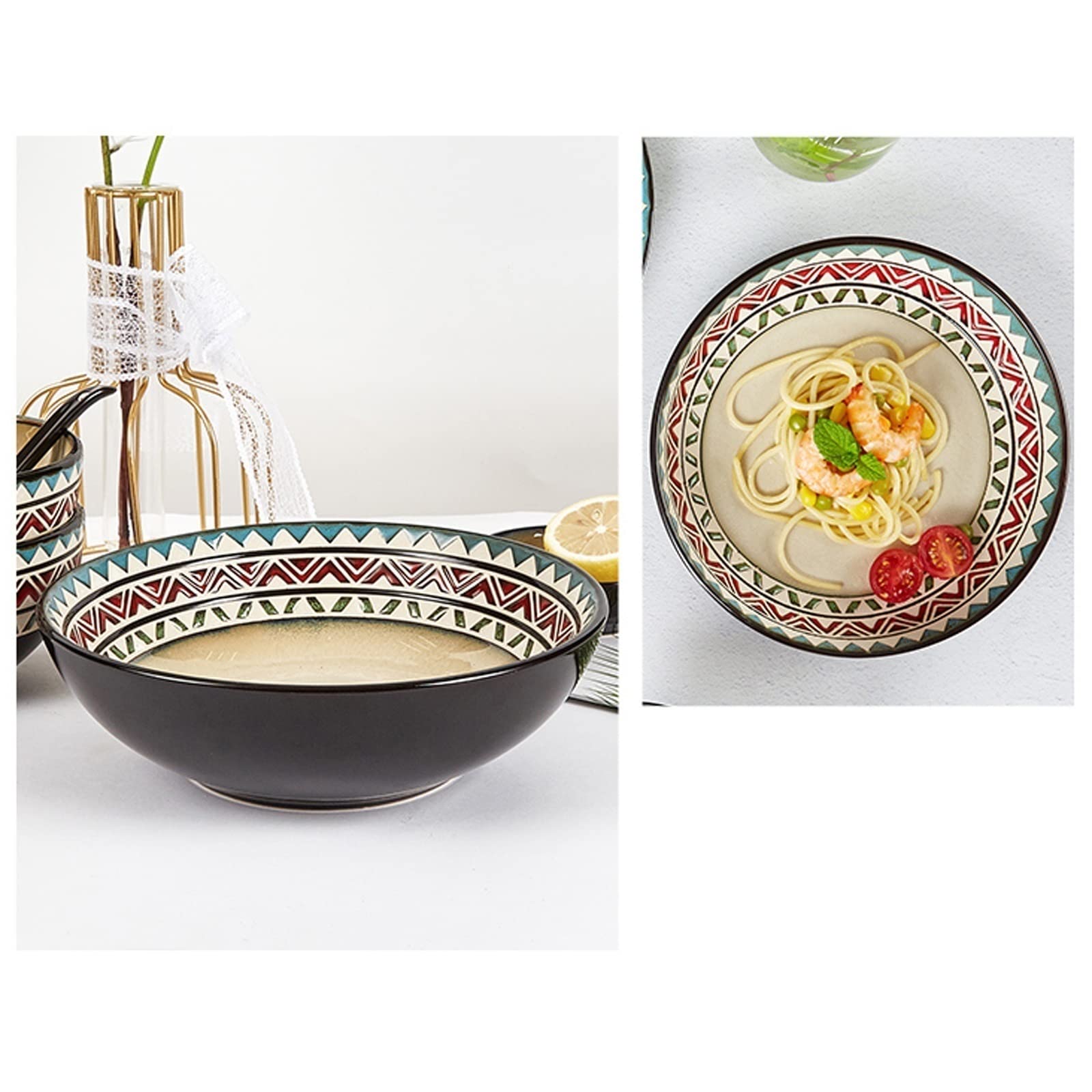 H3TF5J Set di Piastre per Cena a Base di Geometrica retrò, Set di stoviglie in Ceramica a 18 Pezzi, lavastoviglie e tavoli da Tavolo sicuri a microonde, Piastre di Porcellana Durevole ad Alta