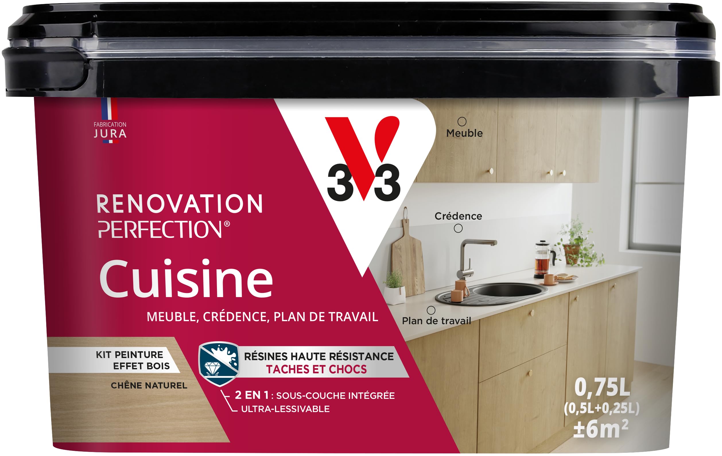 V33 Peinture Cuisine - Rénovation Perfection® - Haute Résistance taches et Chocs - Ultra-​Lessivable - Meuble - Crédence - Plan de travail - Kit Effet Bois Chêne Naturel - 750ml