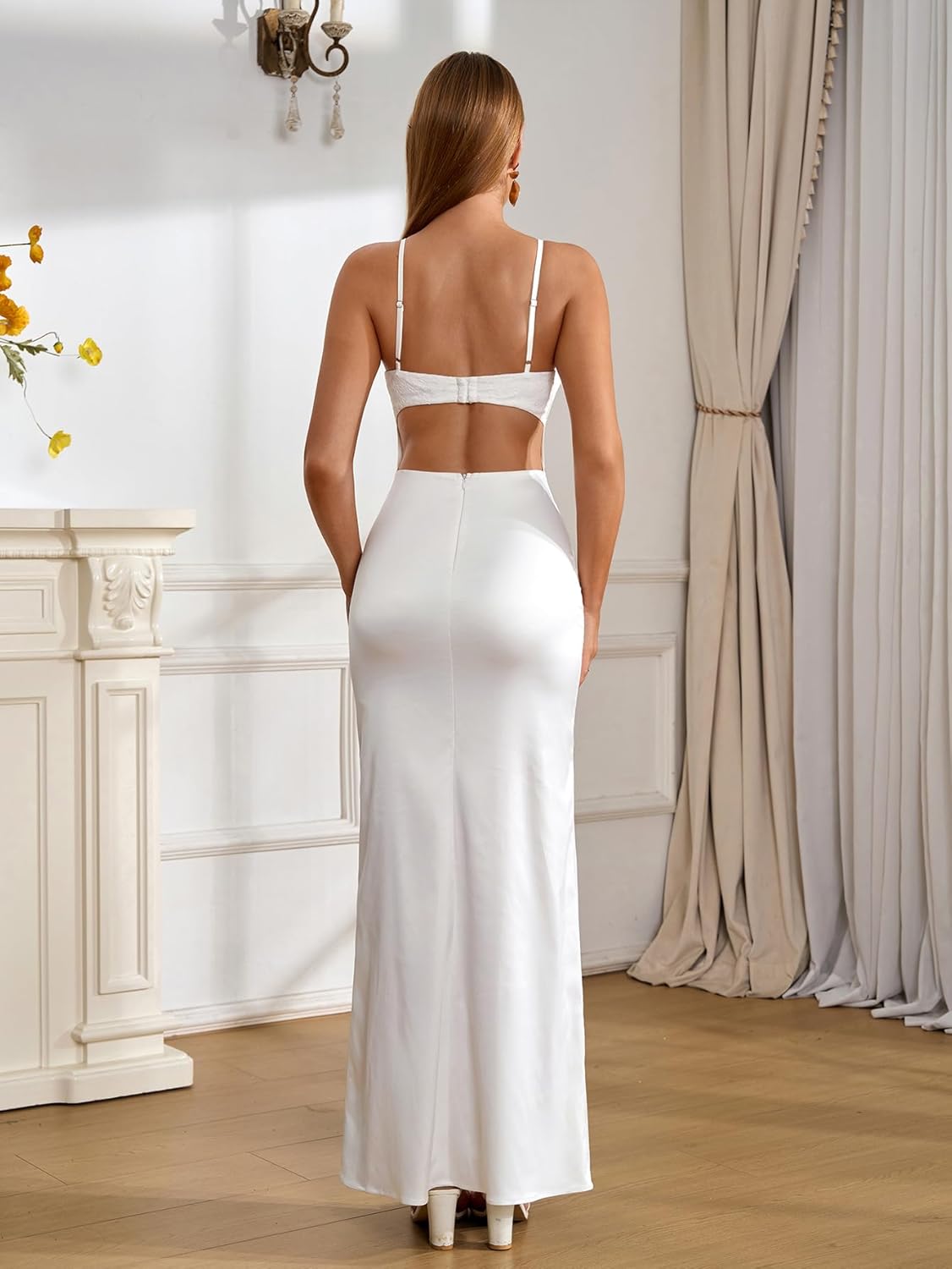 EYNMIN Women's Satin Spaghetti Strap Maxi Dress Lace Cowl Neck Backless Bodycon Long Cocktail Wedding Guest Dresses - Image 3