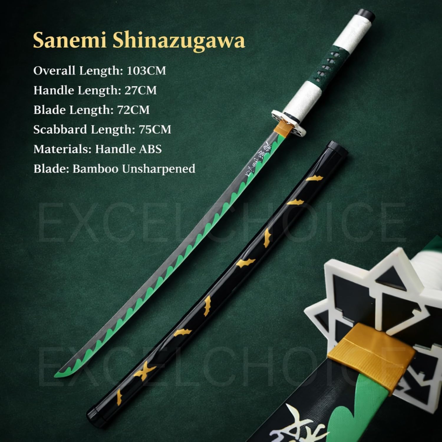 Wooden Sword/Katana Toy Life Size Nichirin 104CM Bamboo Wood Sanemi Katana Toy – Demon Slayer product image