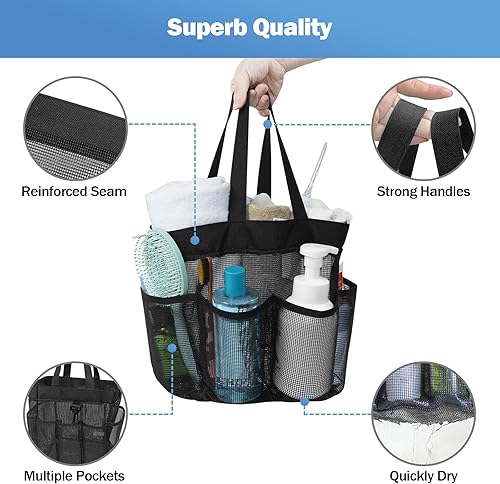 Miniatura 4 de Cesta de ducha de malla con 8 bolsillos para dormitorio universitario, baño, gimnasio, bolsa de ducha para playa, viajes, artículos esenciales,