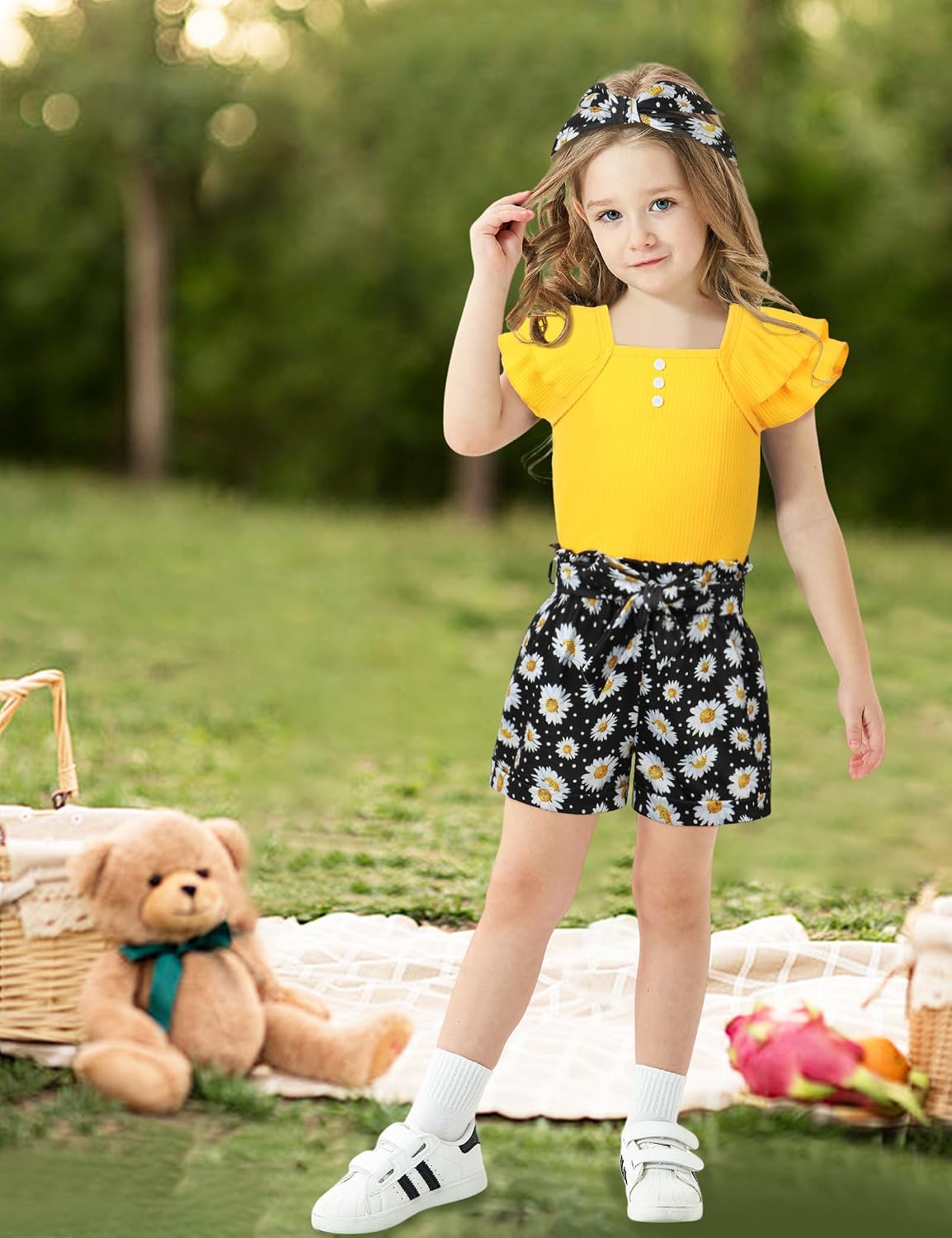 Gaupafmb Toddler Girls Clothes Ruffle Short Sleeve Tops and Shorts Set with Headband 3PCs Outfits