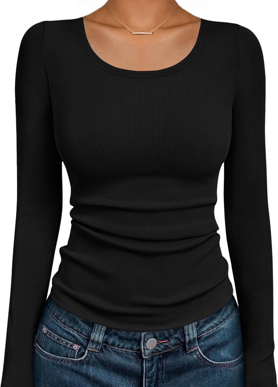 Ekouaer Long Sleeve Shirts for Women Ribbed Scoop Neck Tops 2025 Fall Basic Tees Fitted Thermal Undershirts Clothes XS-XXL