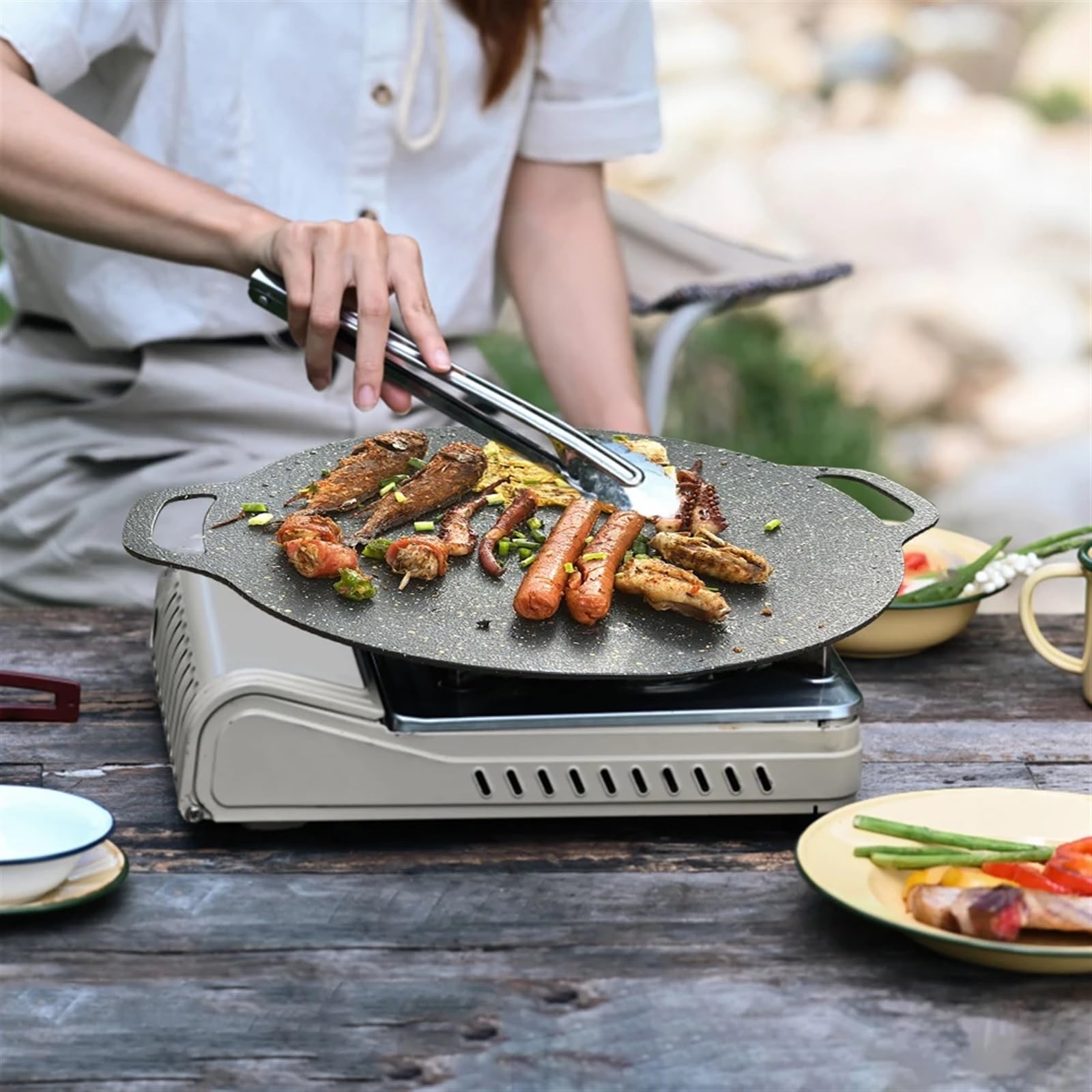 SinseD 30/33/36CM nieprzywierająca patelnia do grilla koreańska płyta do grilla grill garnek do mięsa na zewnątrz kemping naczynia do pieczenia patelnia (kolor: 36 cm i torba-01)