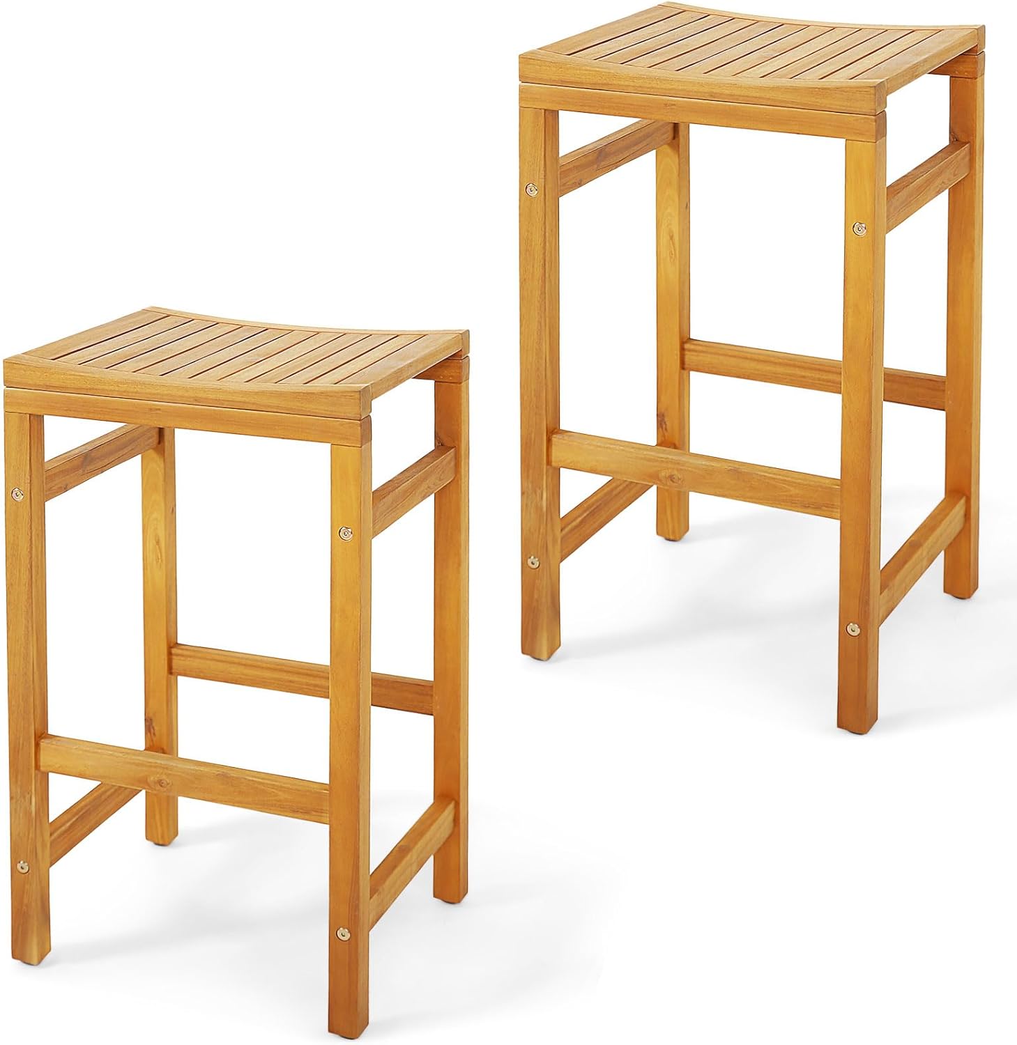 Tangkula Acacia Wood Bar Stool Set of 2, 30-Inch Height Bar Chair with Saddle Shaped Seat & Sturdy Footrest, Patio Furniture Chair Set, with 400 LBS Capacity, for Porch, Poolside, Balcony (2)