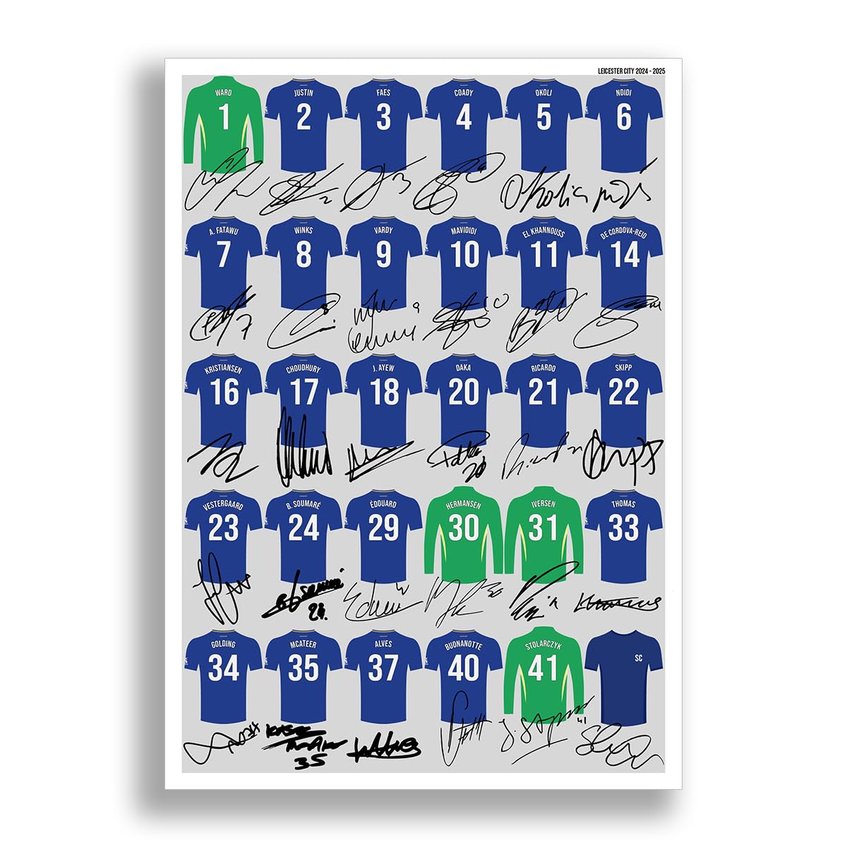 Mounted Gifts Trading Leicester City team squad 2024-2025 Signed poster print framed picture photo autograph gift 24/25 Vardy Mavididi Buonanotte (A3 poster only)