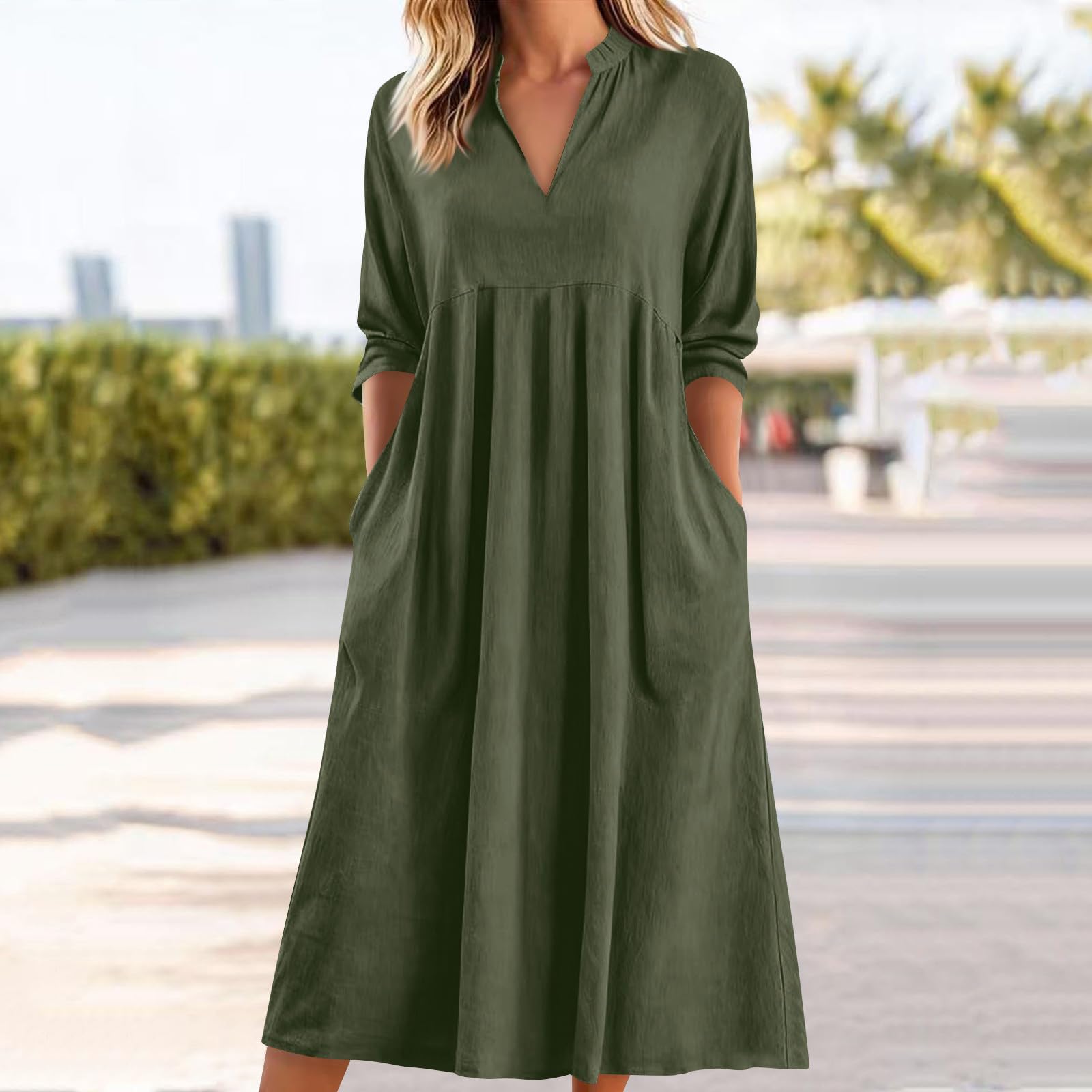 Robe De Soiree Femme, Robes Midi Fluide en Lin Uni pour Femmes Élégante Col V Manches 3/4 avec Poche Été Robe Blanche Femme Chic Et Elegant