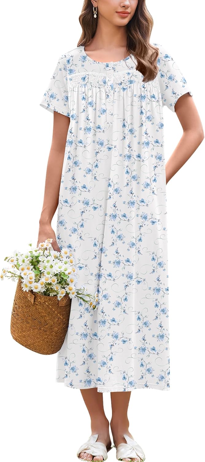Ekouaer Cotton Nightgowns for Women Long Night Gown Short Sleeve Sleepdress Victorian Sleepwear Nightdress with Pockets
