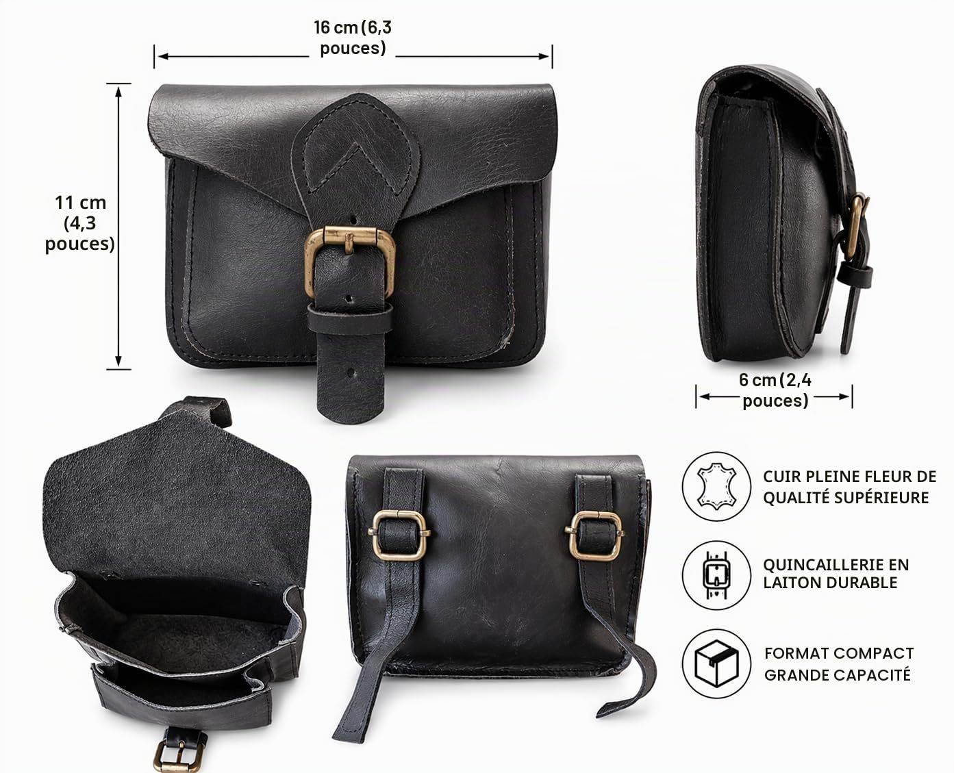 american blue Sacoche de moto vintage en cuir de chèvre véritable, avec fermeture à boucle à 2 sangles, sac à outils marron à dégagement rapide, renforcé, pour guidon, fourche (poche latérale)