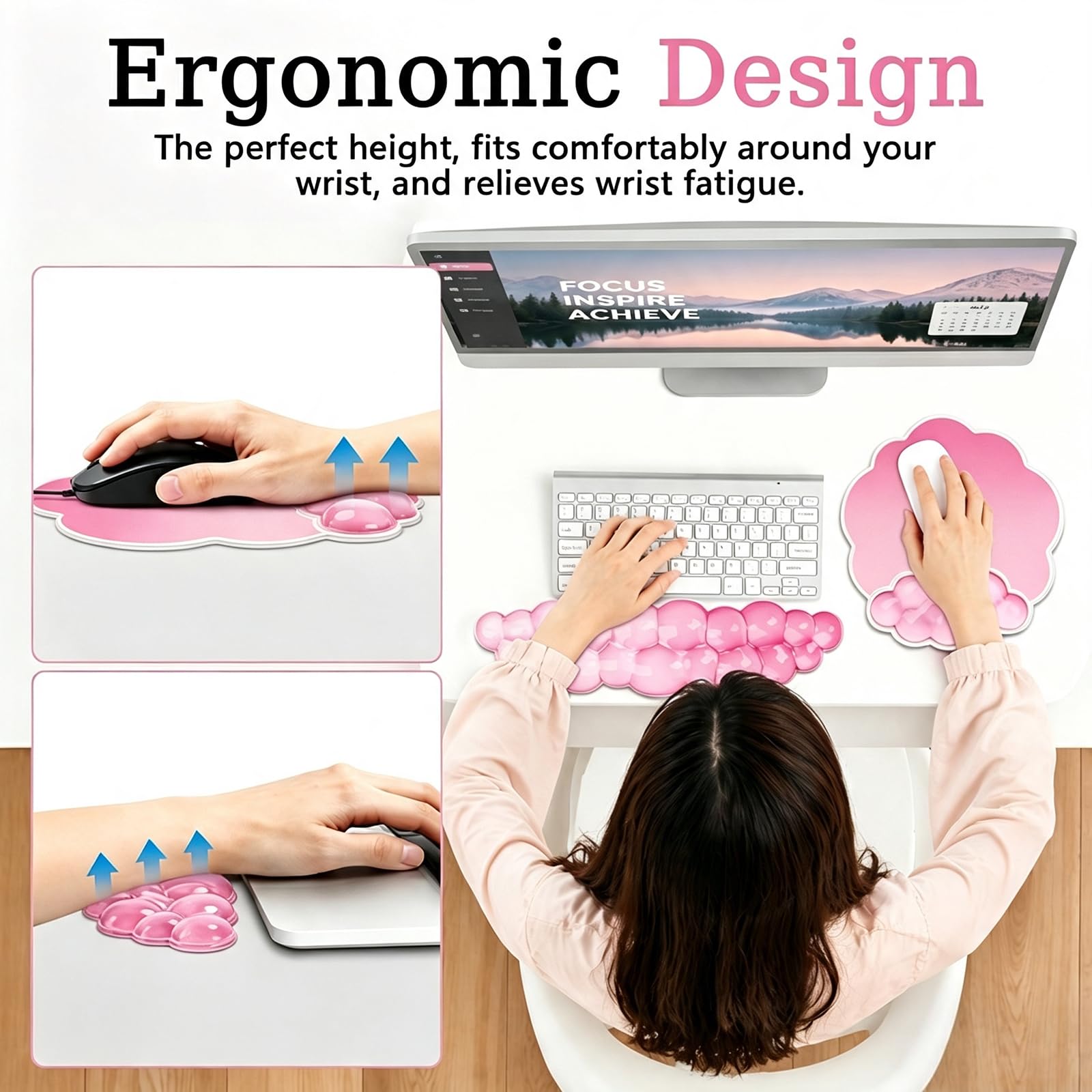 Poggiapolsi in gel e tappetino per mouse a forma di nuvola, per tastiere e mouse, ergonomico, rosa, allevia il dolore da digitazione, computer, laptop, giochi, casa, ufficio, rosa