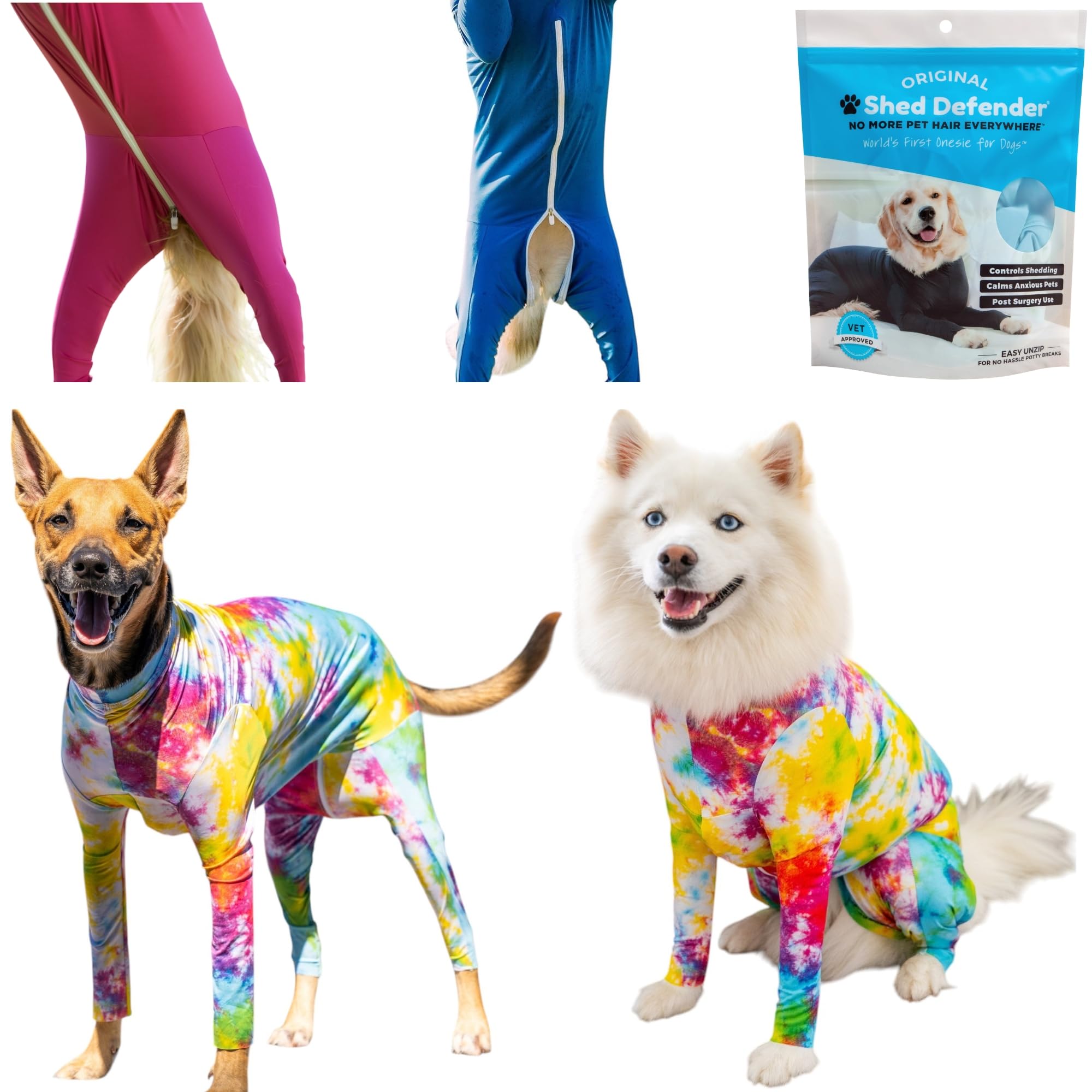 Shed Defender Original Dog Onesie for Dog Shedding, Seen on Shark Tank, Lightweight Breathable, Bodysuit for Dogs, Recovery Suit, Jumpsuit, Dog Body Suit (Tie-Dye, XXXS (4-7 lbs.))