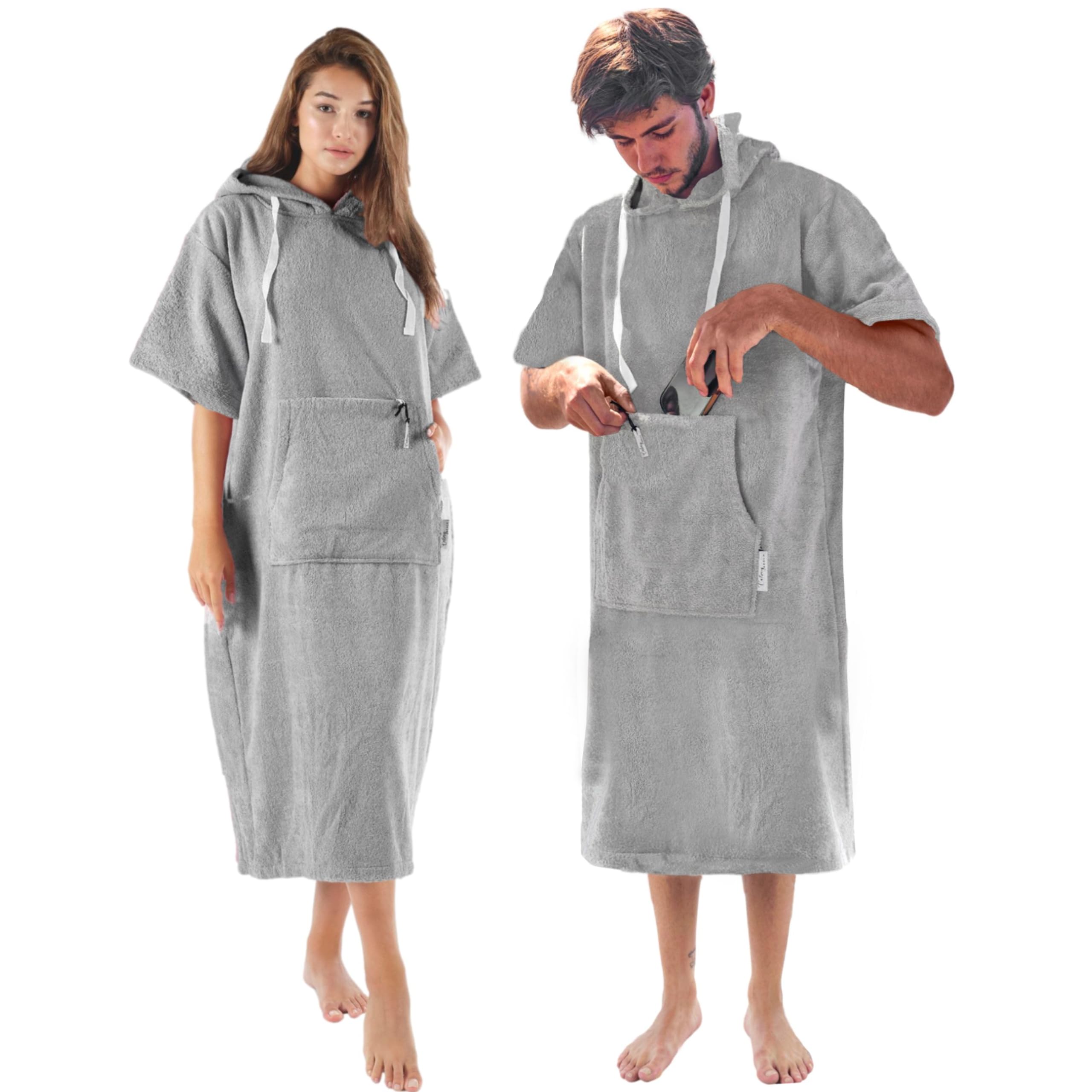 CalmyBEACH Surf Poncho 100% Baumwolle - Badeponcho Damen Herren Strand mit Kapuze & Reißverschlussfach