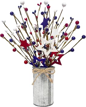 Agusbagli 4th of July Patriotic Artificial Stems with Vase, 12 Faux Blue Berry Sprays in Metal Pot Patriotic Floral Picks Centerpiece Table Decor for Independence Day Memorial Day Home Decorations