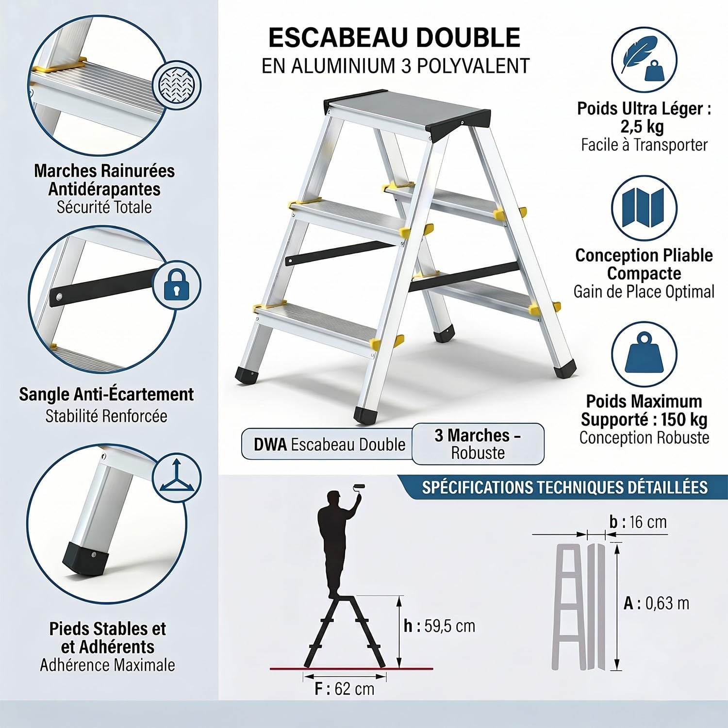 DWA - Scaletta doppia pieghevole in alluminio, 3 gradini