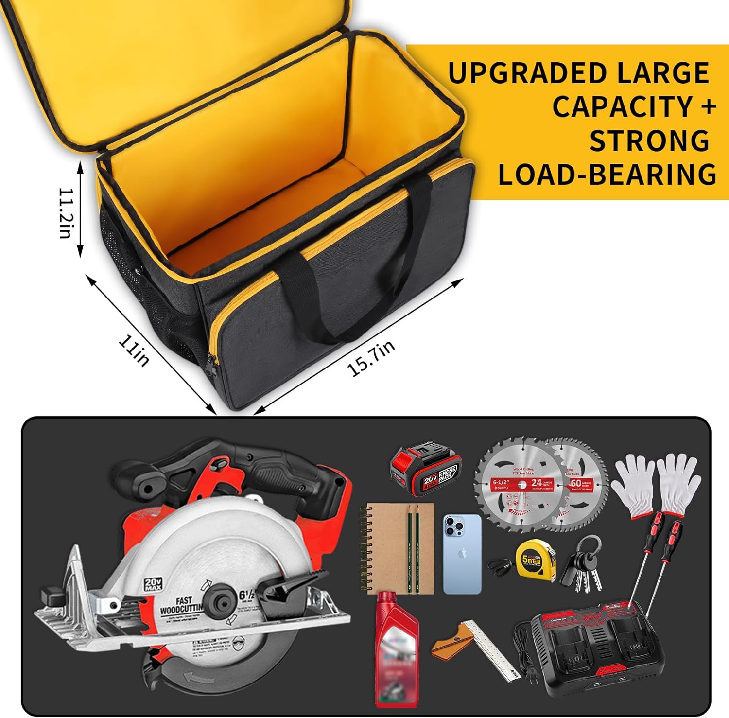 Portable Storage Bag for DEWALT 20V MAX Circular Saw DCS574B/DCS573B/DCS570B/DCS391B/DCS565B/,Large Space Carry Case Compatible with SKIL 5280-01 7-1/4 Inch Circular Saw,Bag Only