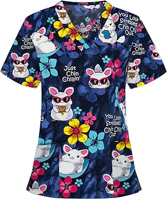 OIOLOYJM Printed Scrub Tops Women V Neck Short Sleeve Plus Size Scrubs for Womens Nursing Uniforms Shirts with Pockets