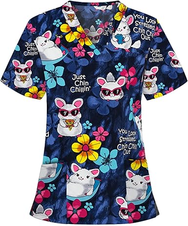 OIOLOYJM Printed Scrub Tops Women V Neck Short Sleeve Plus Size Scrubs for Womens Nursing Uniforms Shirts with Pockets
