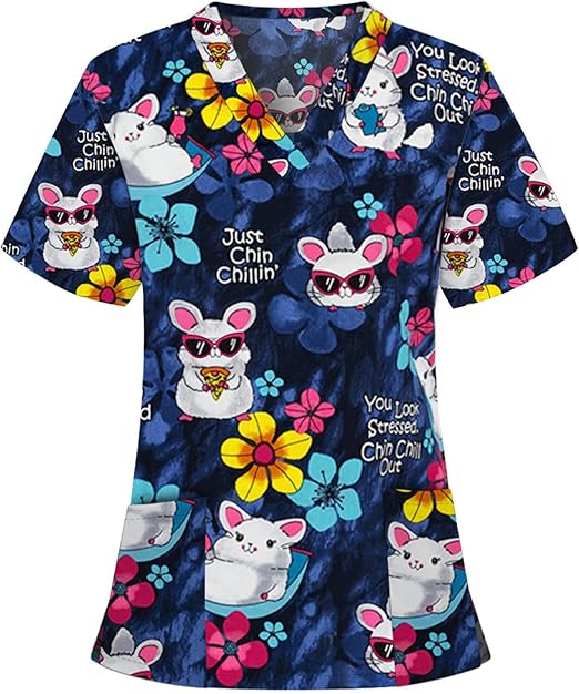 OIOLOYJM Printed Scrub Tops Women V Neck Short Sleeve Plus Size Scrubs for Womens Nursing Uniforms Shirts with Pockets