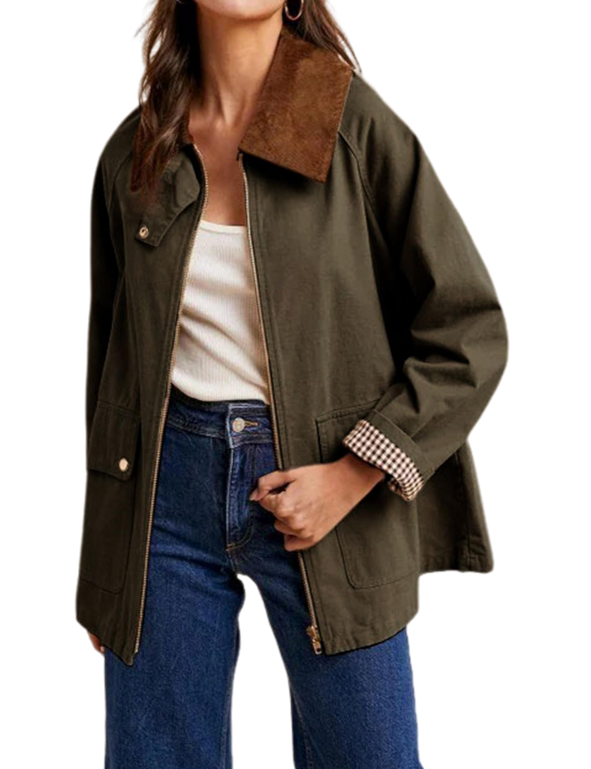 Olive Women's Barn Jackets Fall Color Block Corduroy Collar Utility