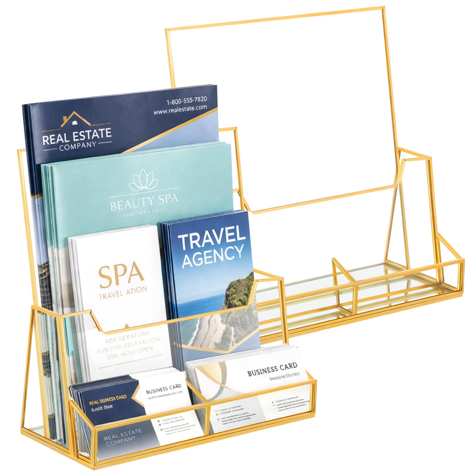 Photo 1 of Fuyoooo 2 Pcs 8.5 x 11 Inches Gold Glass Brochure Holder Countertop Literature Trifold Pamphlet Stand with Business Name Cardholder Flyer Brochure Display for Magazine, Booklet, Menu, Journal Display