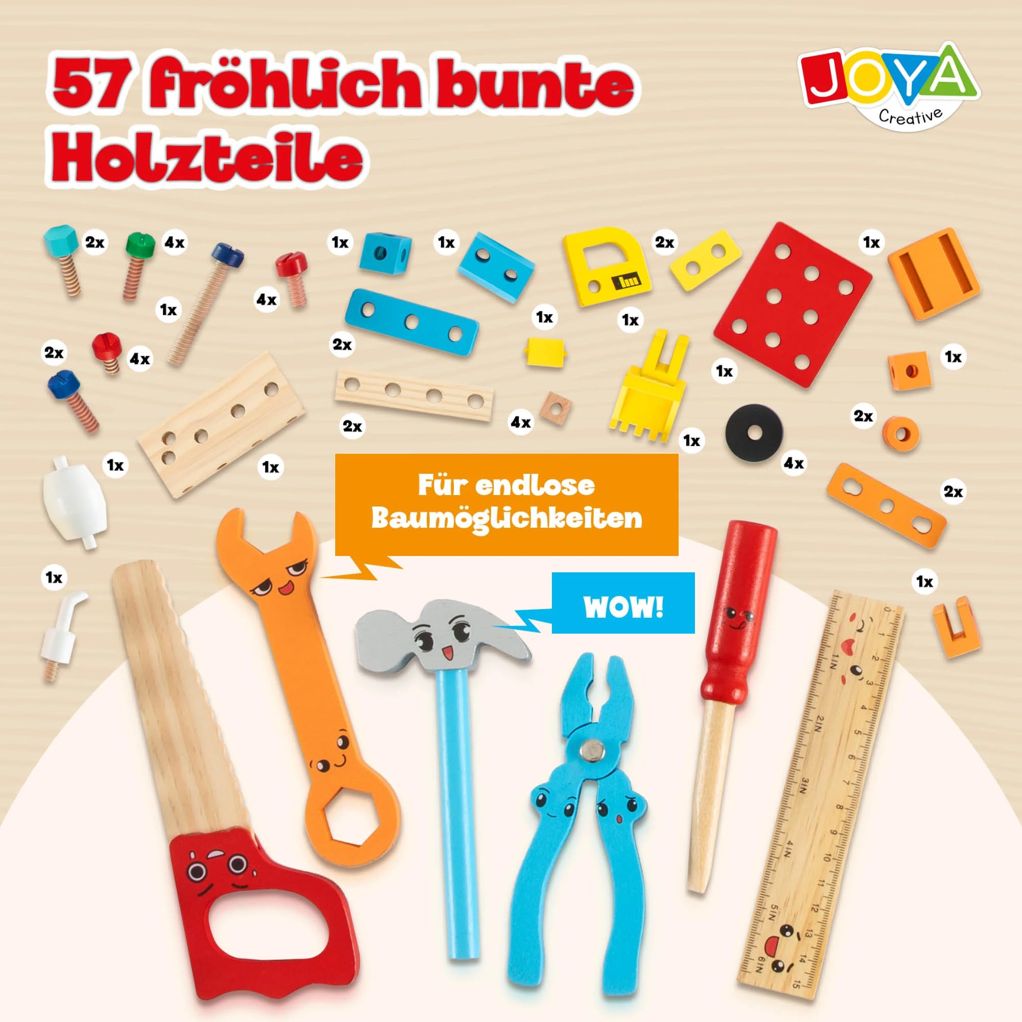 Set di 57 cassette degli attrezzi in legno, banco da lavoro giocattolo a partire dai 5 anni, per la costruzione di veicoli, attrezzi per bambini inclusi, multicolore