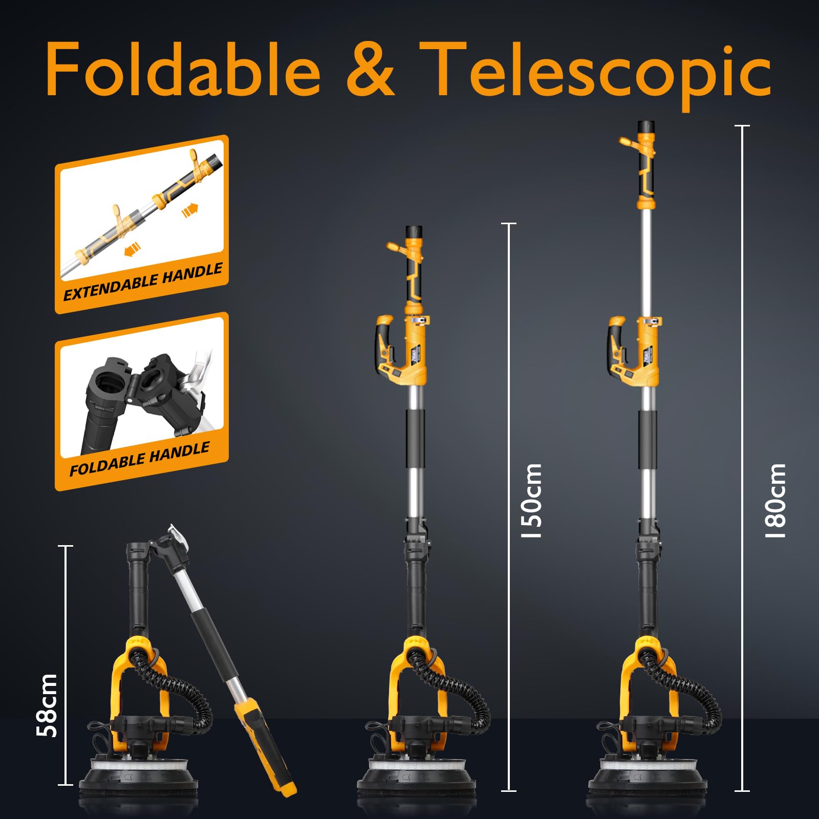Trockenbauschleifer (880W), Schleifer mit doppelter LED-Beleuchtung, 5 variable Geschwindigkeiten, 1000-2100 U/min elektrischer Trockenbauschleifer mit 12 Schleifscheiben und Staubabsaugbeutel