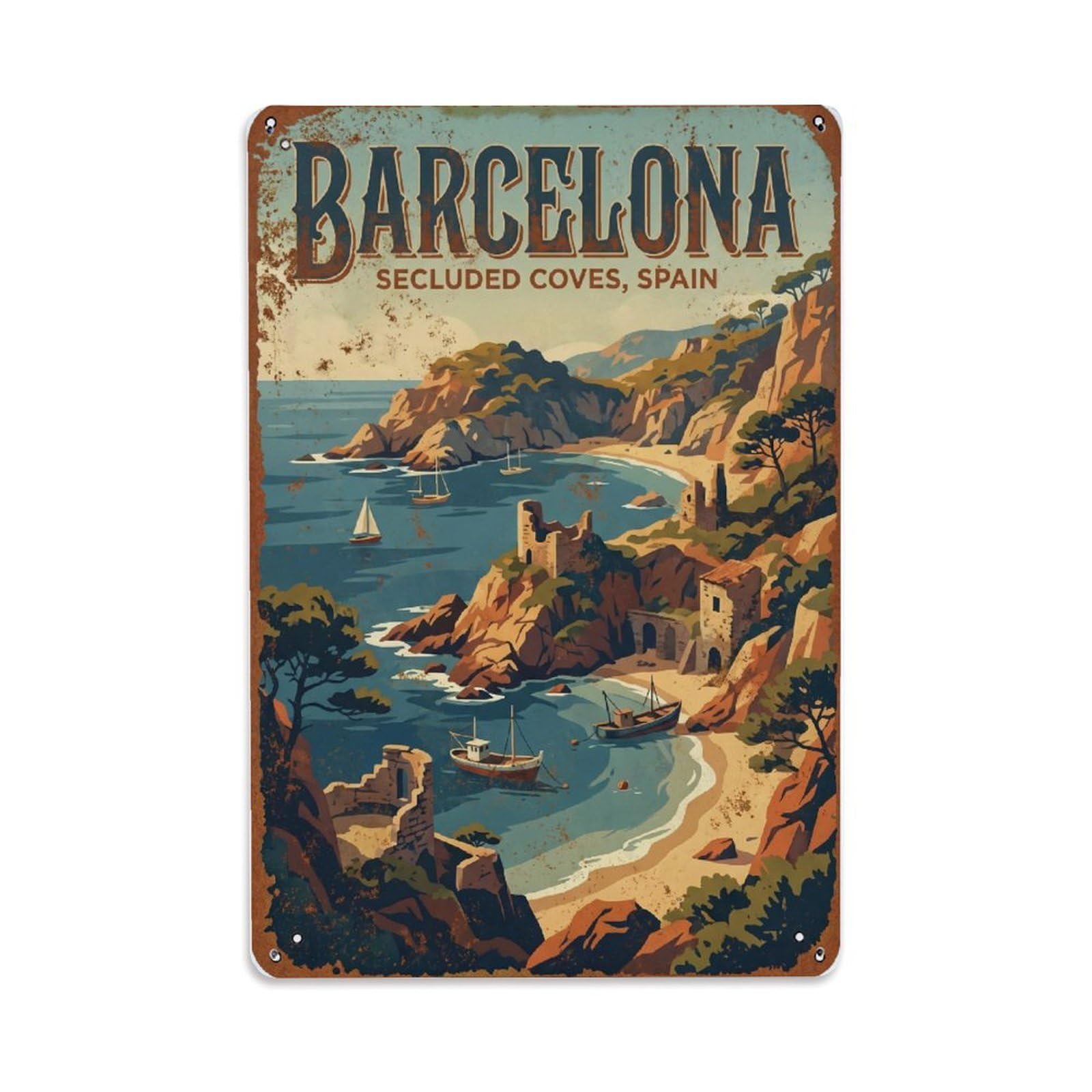 Vintage Travel Coves Spain Secluded Metal Tin Sign Plaque Wall Decor for Cafe, Club Bar, Office, Home Garden Metal Poster 8x12Inch