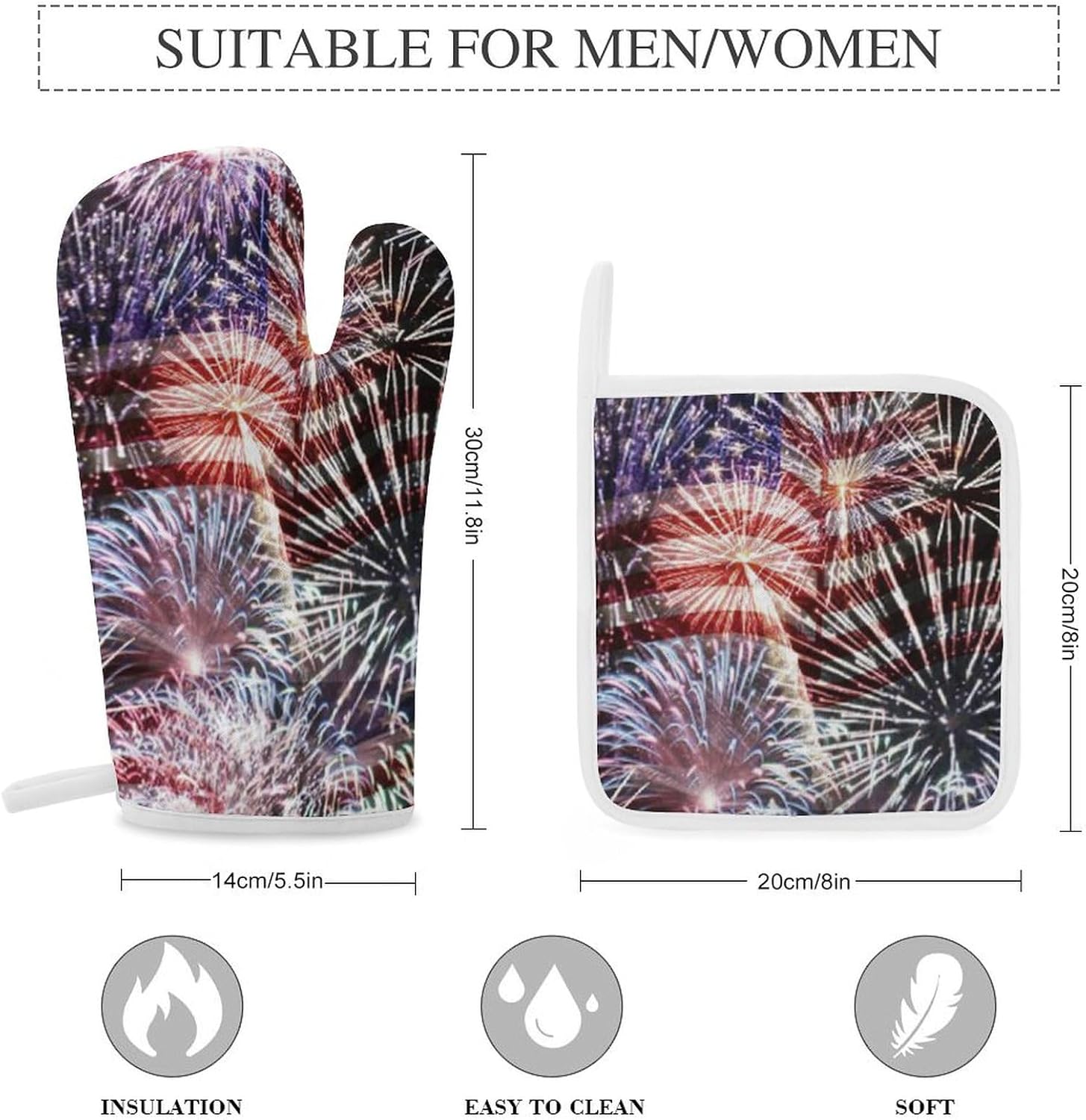 U.S. Flag Fireworks July 4th Print Oven Mitts and Pot Holders 3 Piece Sets Heat Resistant Gloves Hot Pads Potholders for Kitchen Baking Cooking