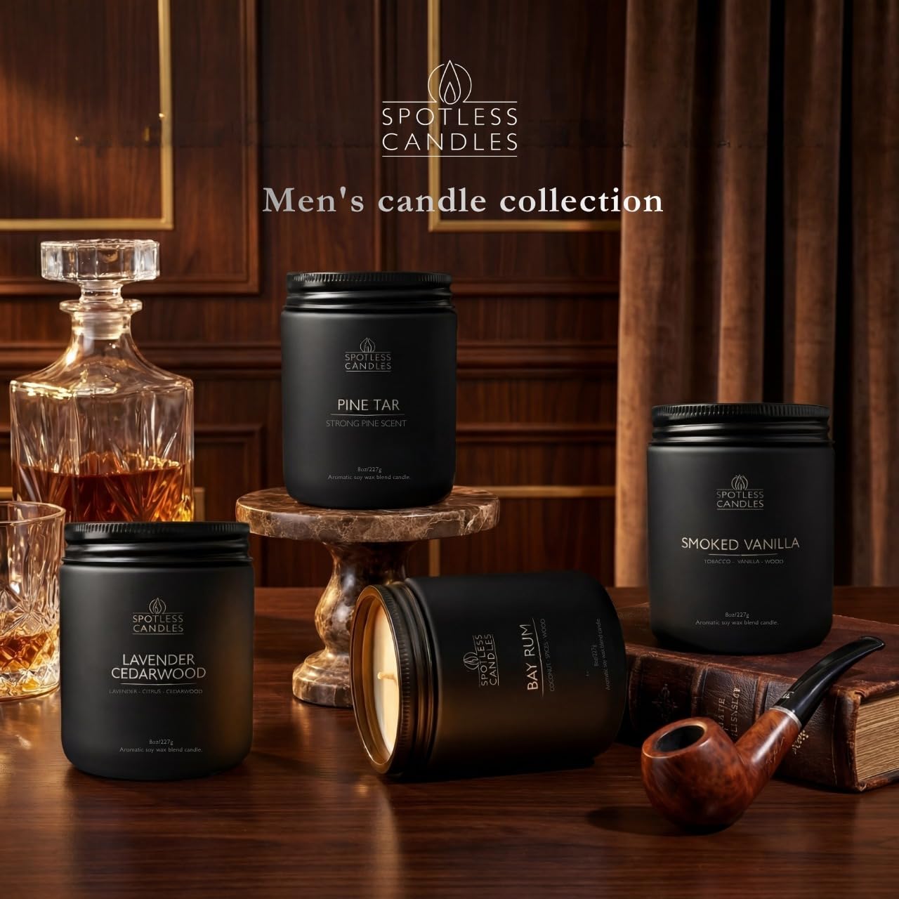 Spotless Candles Coffret cadeau avec 4 bougies parfumées pour homme 226,8 g Rum de baie, goudron de pin, vanille fumée, lavande et bois de cèdre 200 heures de combustion, bocaux en verre noir mat