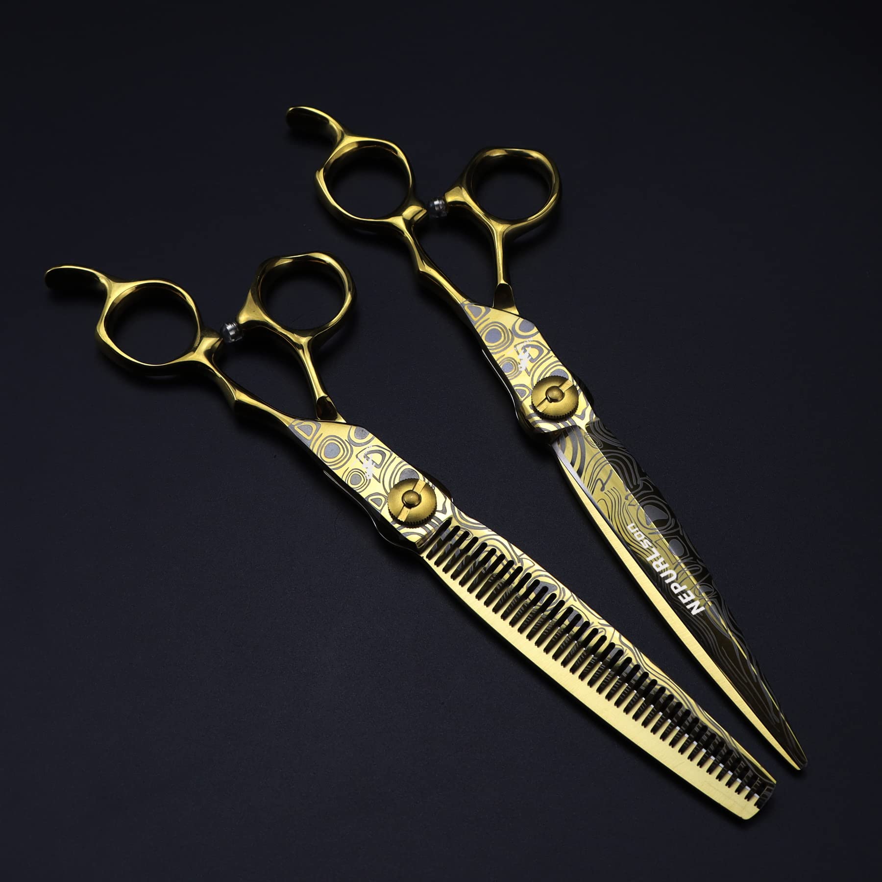 Ciseaux de coupe professionnels en acier JP440c doré de 7 pouces, motif damassé, pour coupe de cheveux, effilage, barbier, ensemble de coiffure