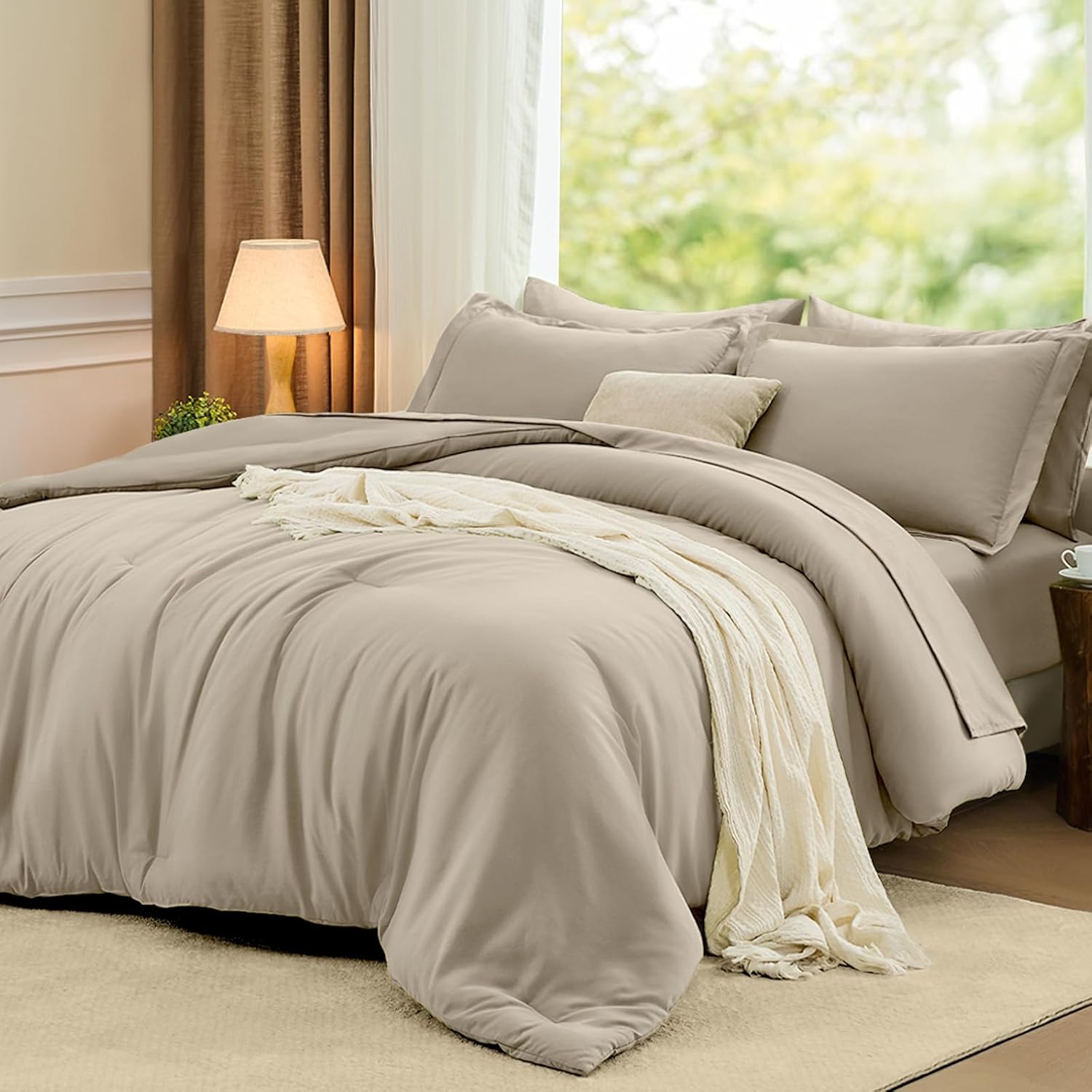 FUANNA Queen Comforter Set Oatmeal, 7 Pieces Soft Bedding Sets Queen Size, All Season Lightweight Bed in a Bag with Comforter, Flat Sheet, Fitted Sheet, Pillowcases & Shams