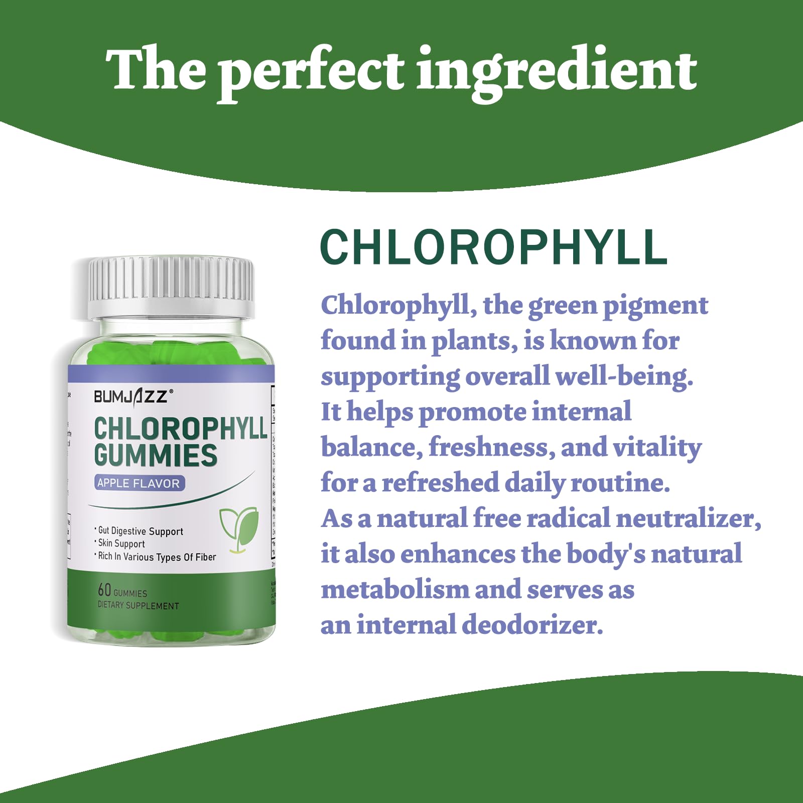 Chlorophyll-Gummibärchen Gummi 60 Stück, 400 mg für Verdauung und Darmgesundheit