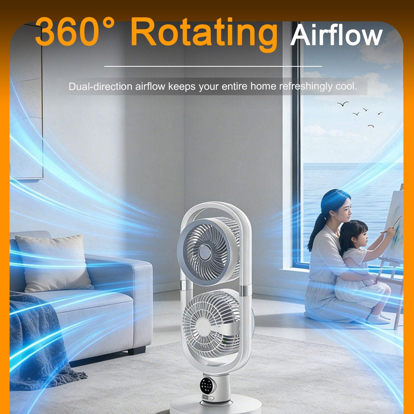 Ventilatore a Piantana con Telecomando Silenzioso 36 DB Oscillazione 360 Gradi, Doppia Testa 4 Velocità Regolabili Altezza Regolabile Bianco(Plug-in)