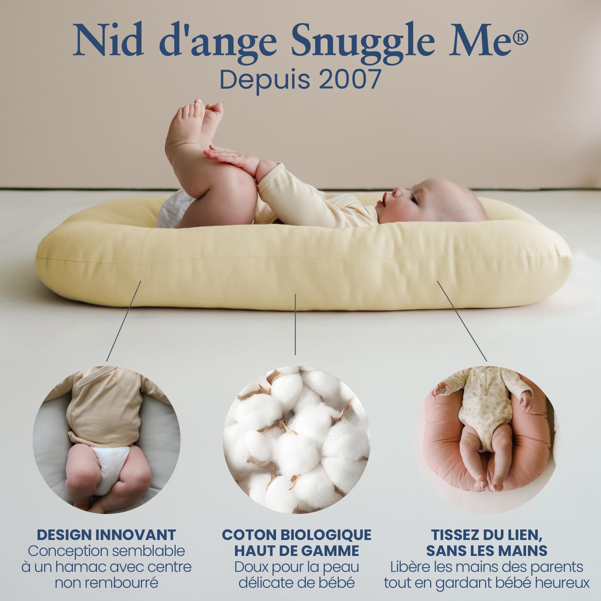 snuggle me® Nid d'ange Bébé (0-9 Mois) - Centre Non rembourré imitant Un câlin - Coton Biologique Haut de Gamme avec Rembourrage en Fibres, 100% Lavable en Machine, Sac de Voyage Inclus (Honey)