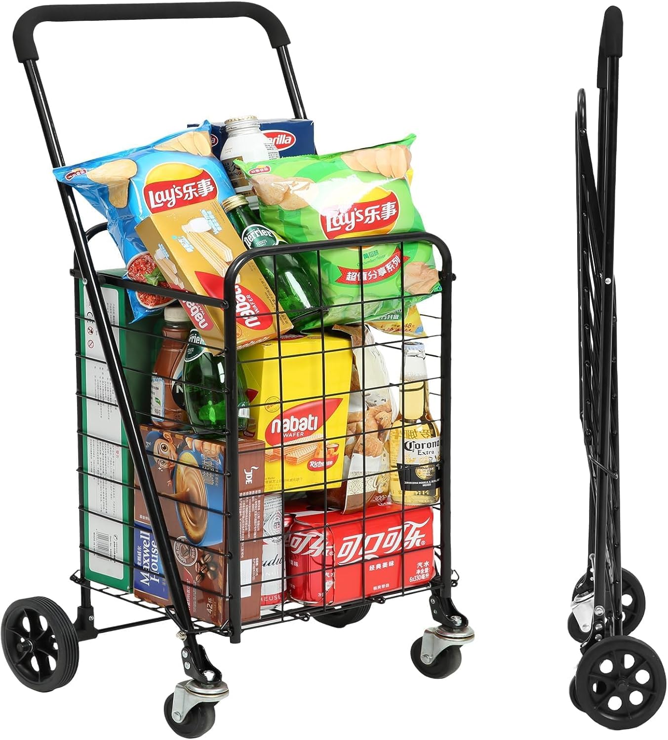 Siffler Grocery Shopping Cart with 360° Swivel Wheels Folding Utility Cart with Easily Collapsible Cart with Extended Foam Cover, Trolley for Laundry, Groceries, Travel (Black, Small)
