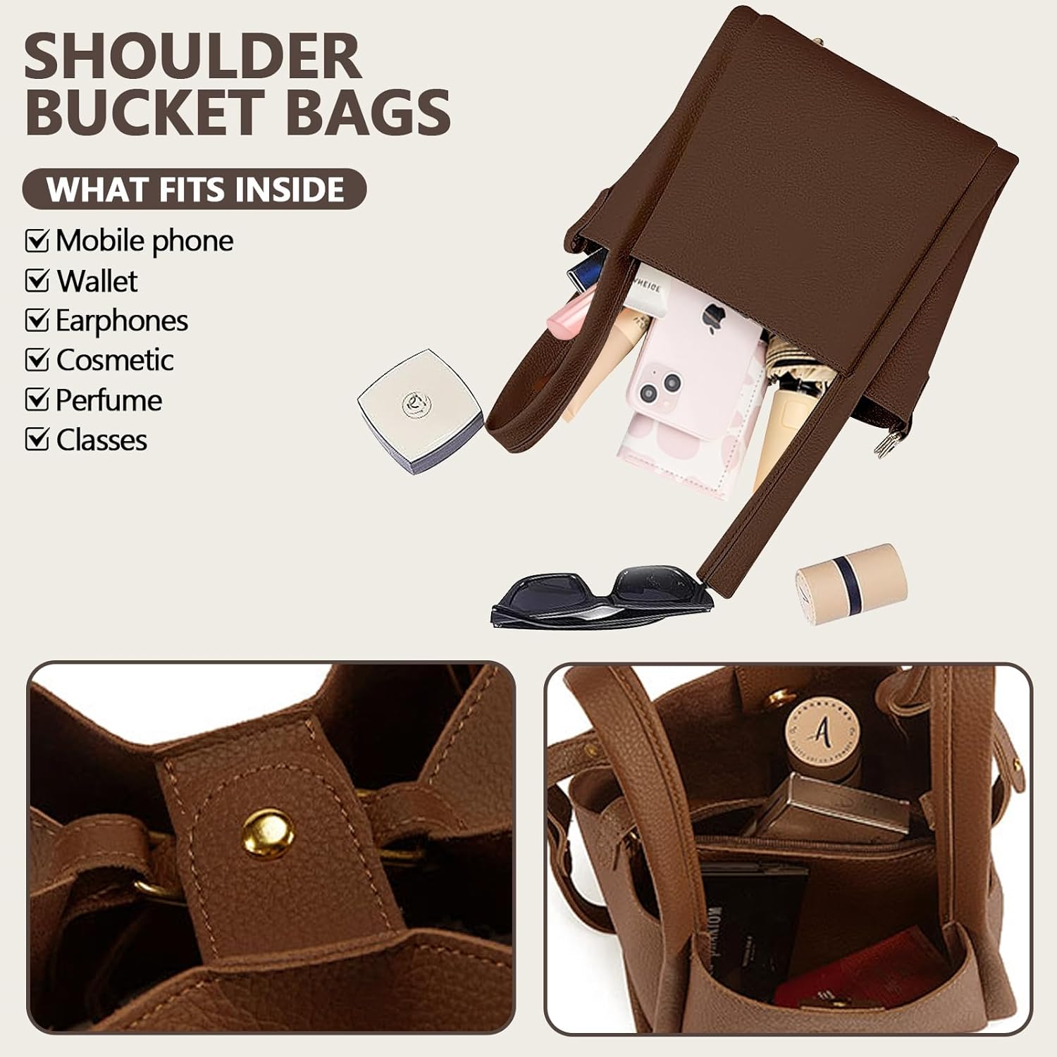 Bucket Bags for Women Vegan Leather Crossbody Bucket Handbag Bucket Purses with Removable Shoulder Strap